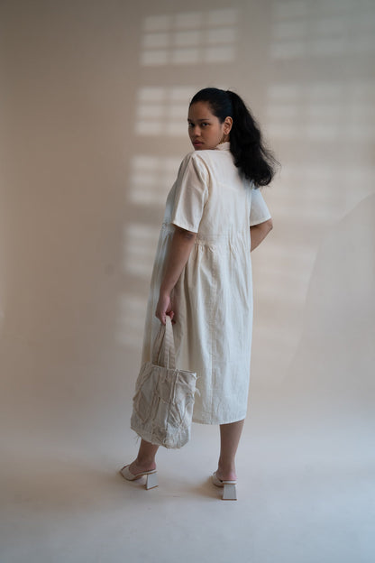 Dawning Button Down Dress by Lafaani with Beige, Casual Wear, Dawning by Lafaani, Denim, Embroidered, Hand Woven Cotton, Kora, Natural, Regular Fit, Shirt Dresses, Shirts, Womenswear at Kamakhyaa for sustainable fashion