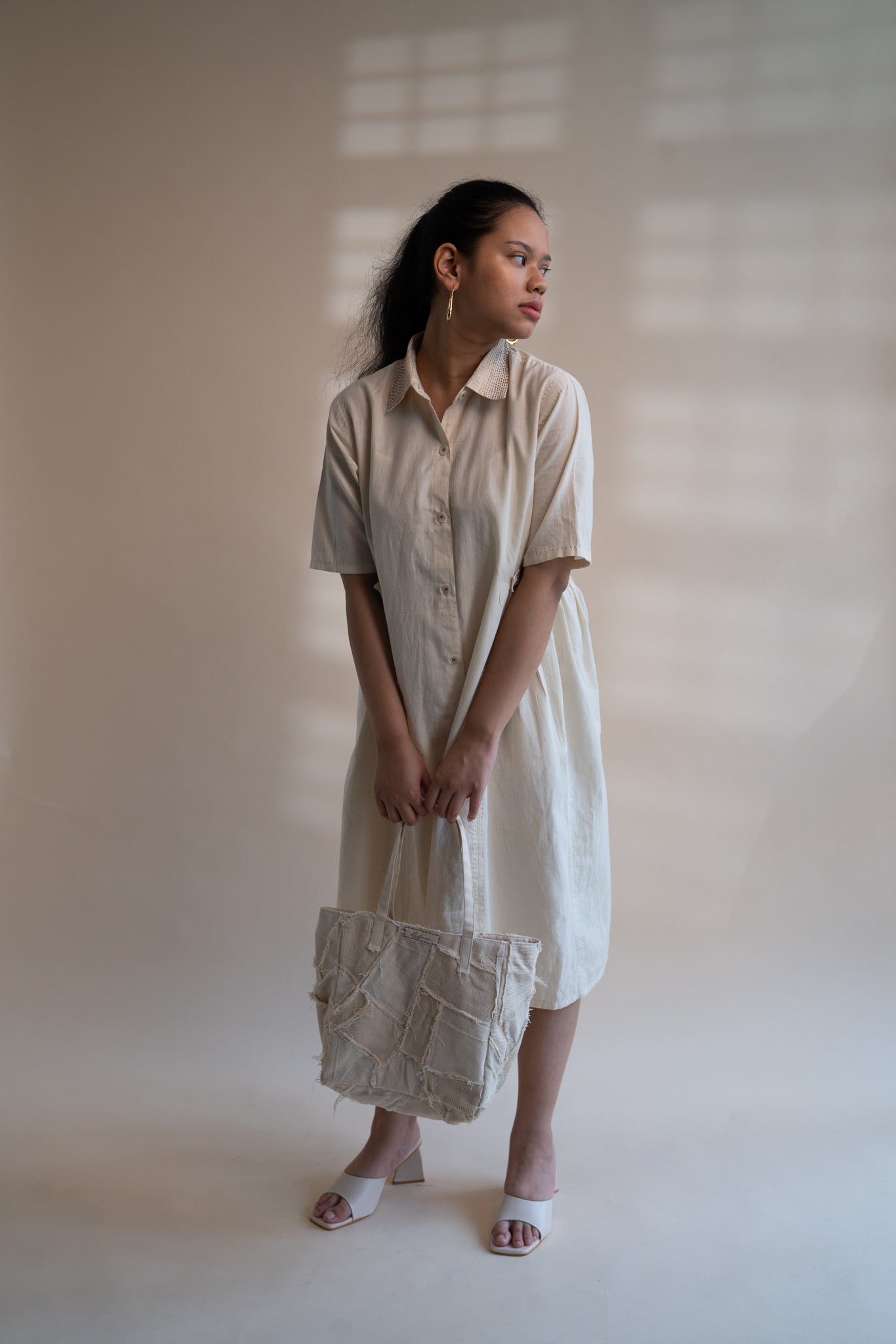 Dawning Button Down Dress at Kamakhyaa by Lafaani. This item is Beige, Casual Wear, Denim, Embroidered, Hand Woven Cotton, Kora, Natural, Regular Fit, Shirt Dresses, Shirts, Womenswear
