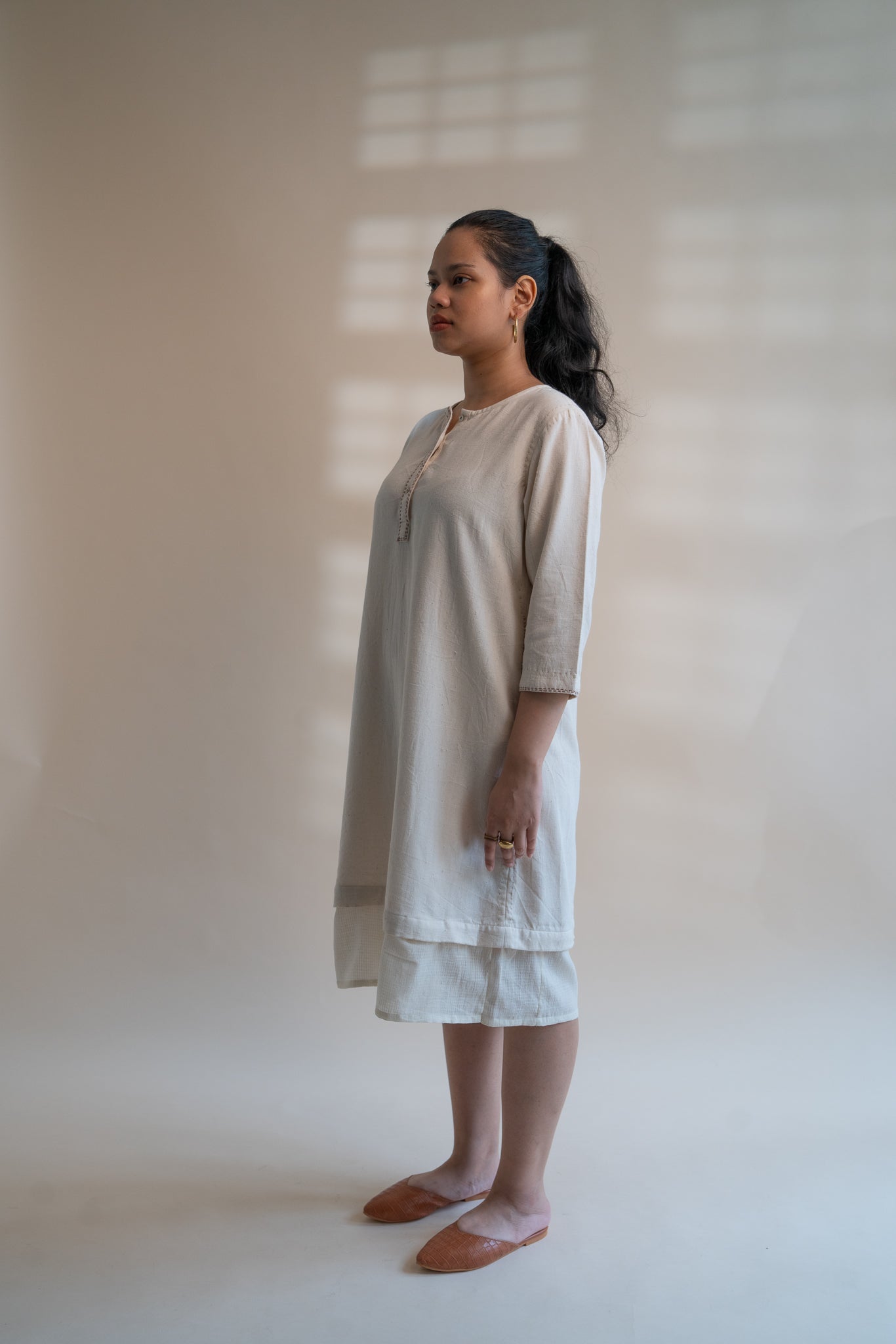 Dawning Long Shirt by Lafaani with Beige, Casual Wear, Dawning by Lafaani, Denim, Embroidered, Hand Woven Cotton, Kora, Natural, Regular Fit, Shirt Dresses, Shirts, Womenswear at Kamakhyaa for sustainable fashion