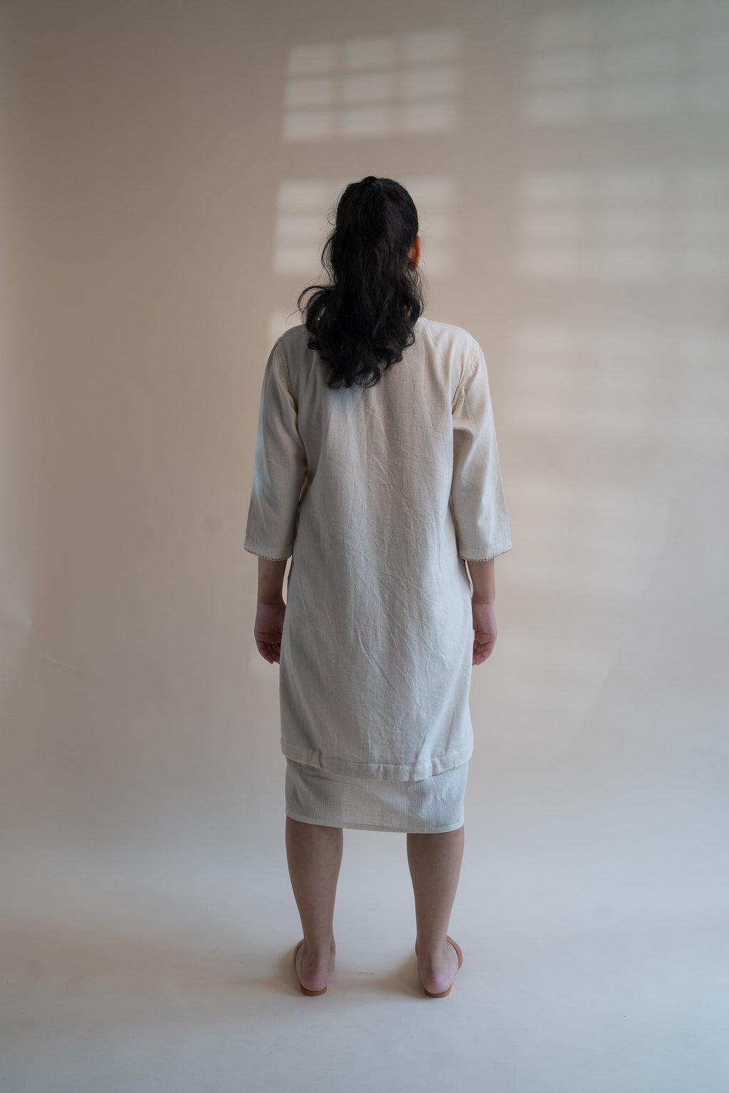 Dawning Long Shirt by Lafaani with Beige, Casual Wear, Dawning by Lafaani, Denim, Embroidered, Hand Woven Cotton, Kora, Natural, Regular Fit, Shirt Dresses, Shirts, Womenswear at Kamakhyaa for sustainable fashion