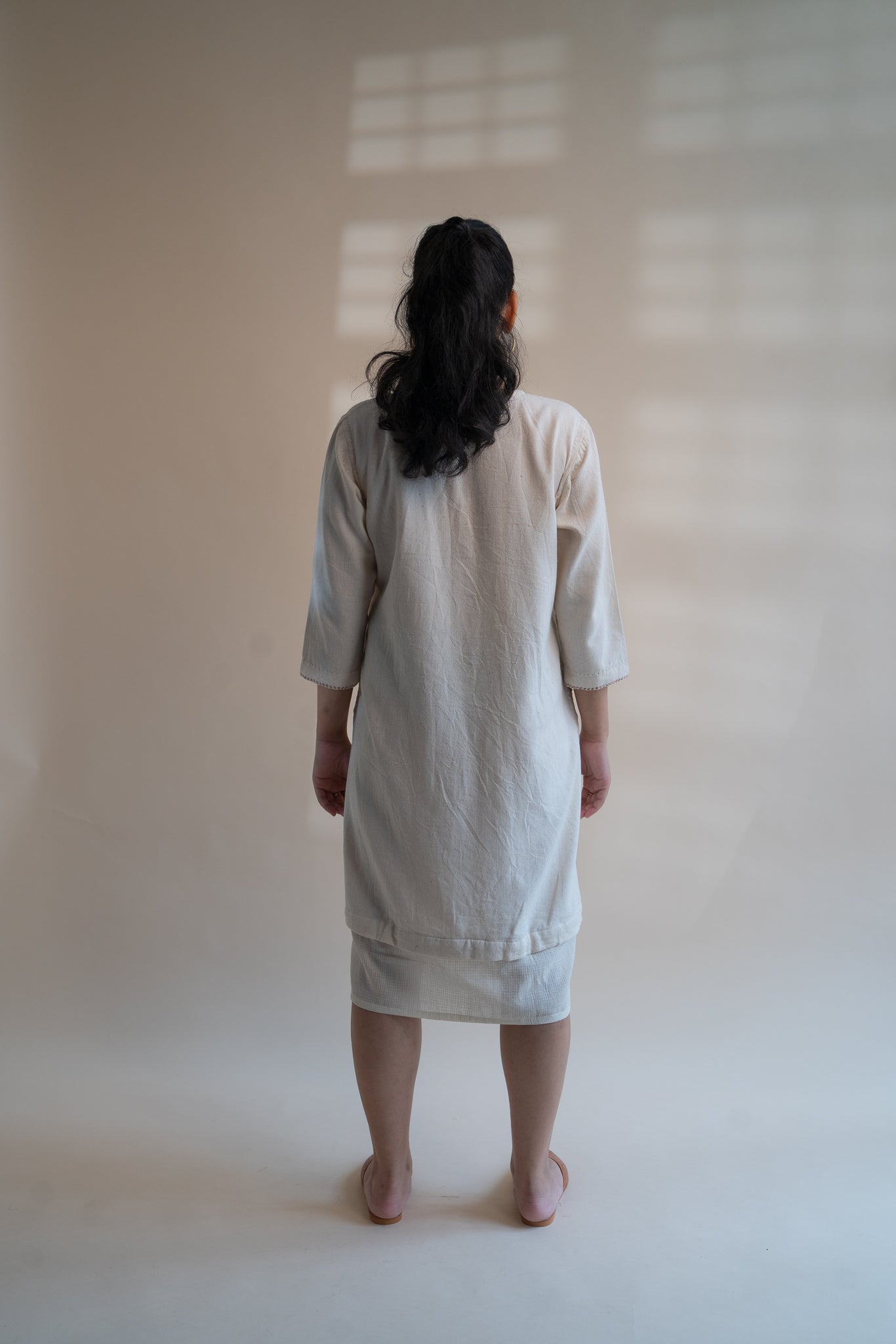 Dawning Long Shirt by Lafaani with Beige, Casual Wear, Dawning by Lafaani, Denim, Embroidered, Hand Woven Cotton, Kora, Natural, Regular Fit, Shirt Dresses, Shirts, Womenswear at Kamakhyaa for sustainable fashion