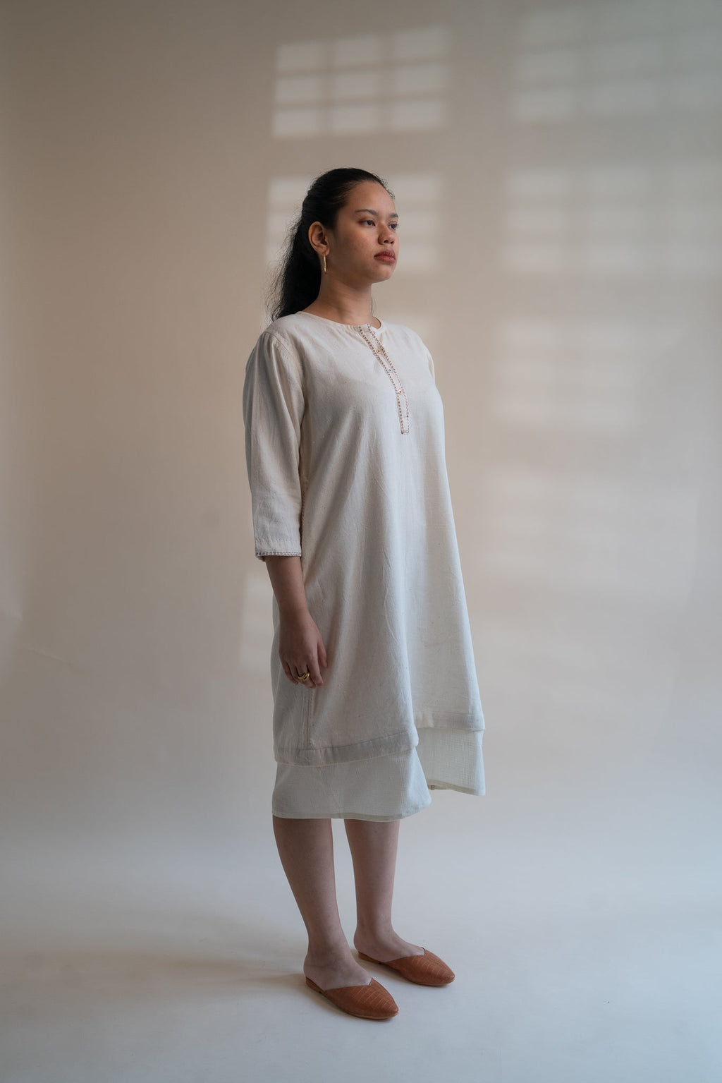 Dawning Long Shirt by Lafaani with Beige, Casual Wear, Dawning by Lafaani, Denim, Embroidered, Hand Woven Cotton, Kora, Natural, Regular Fit, Shirt Dresses, Shirts, Womenswear at Kamakhyaa for sustainable fashion