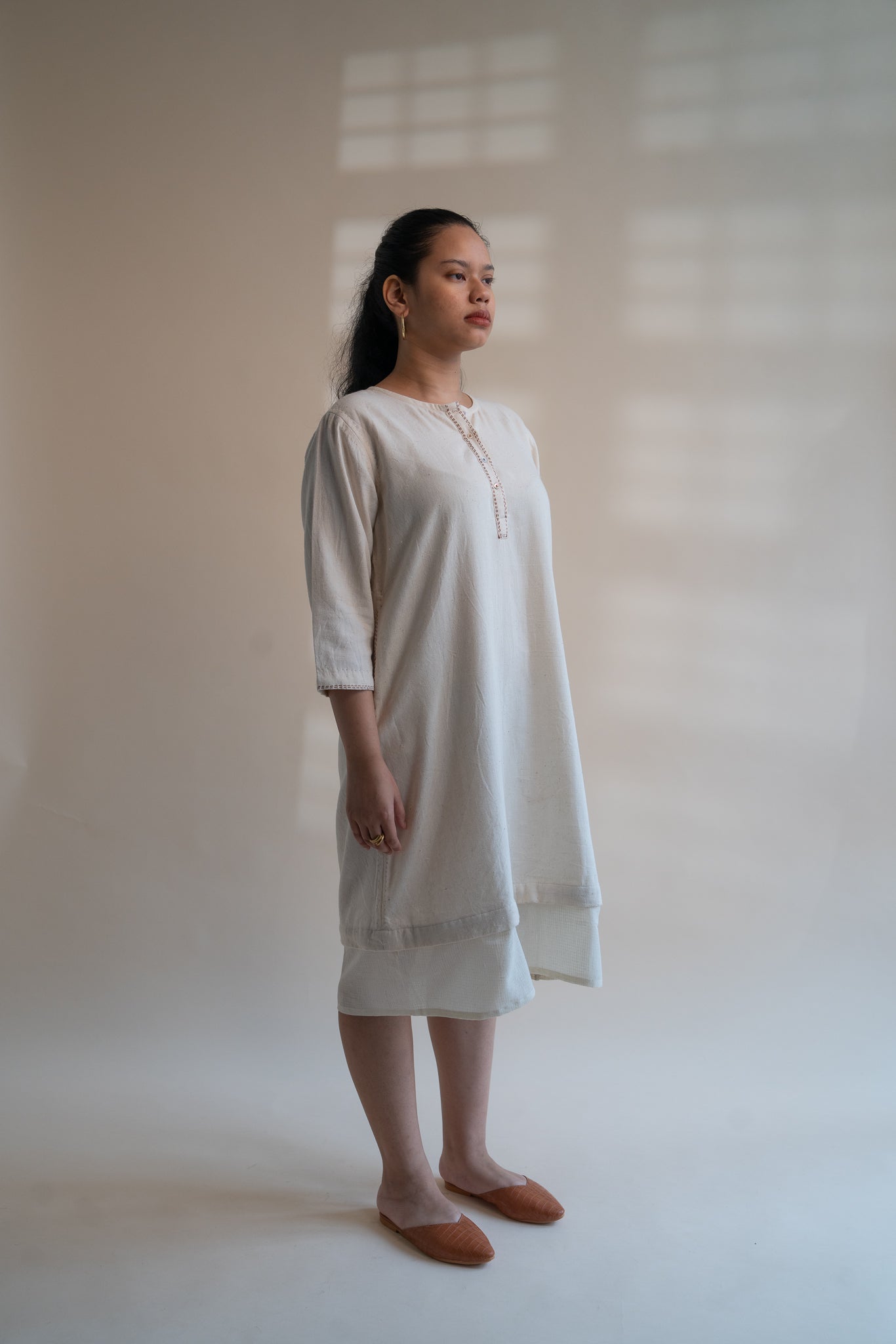 Dawning Long Shirt by Lafaani with Beige, Casual Wear, Dawning by Lafaani, Denim, Embroidered, Hand Woven Cotton, Kora, Natural, Regular Fit, Shirt Dresses, Shirts, Womenswear at Kamakhyaa for sustainable fashion