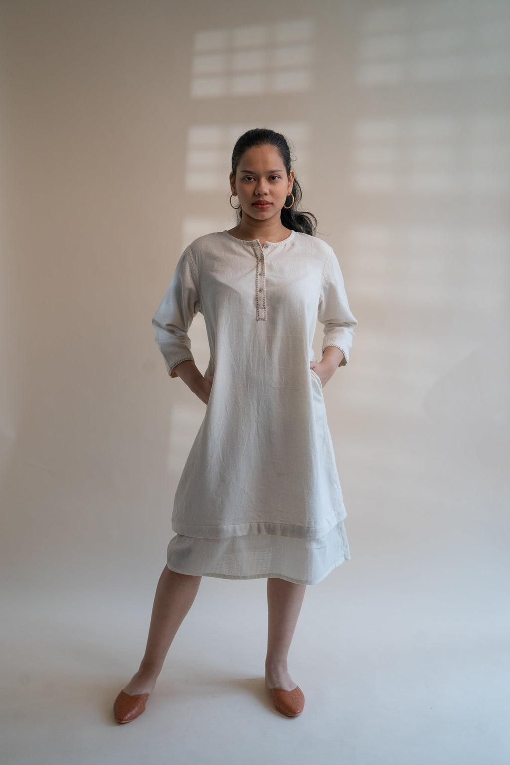 Dawning Long Shirt by Lafaani with Beige, Casual Wear, Dawning by Lafaani, Denim, Embroidered, Hand Woven Cotton, Kora, Natural, Regular Fit, Shirt Dresses, Shirts, Womenswear at Kamakhyaa for sustainable fashion