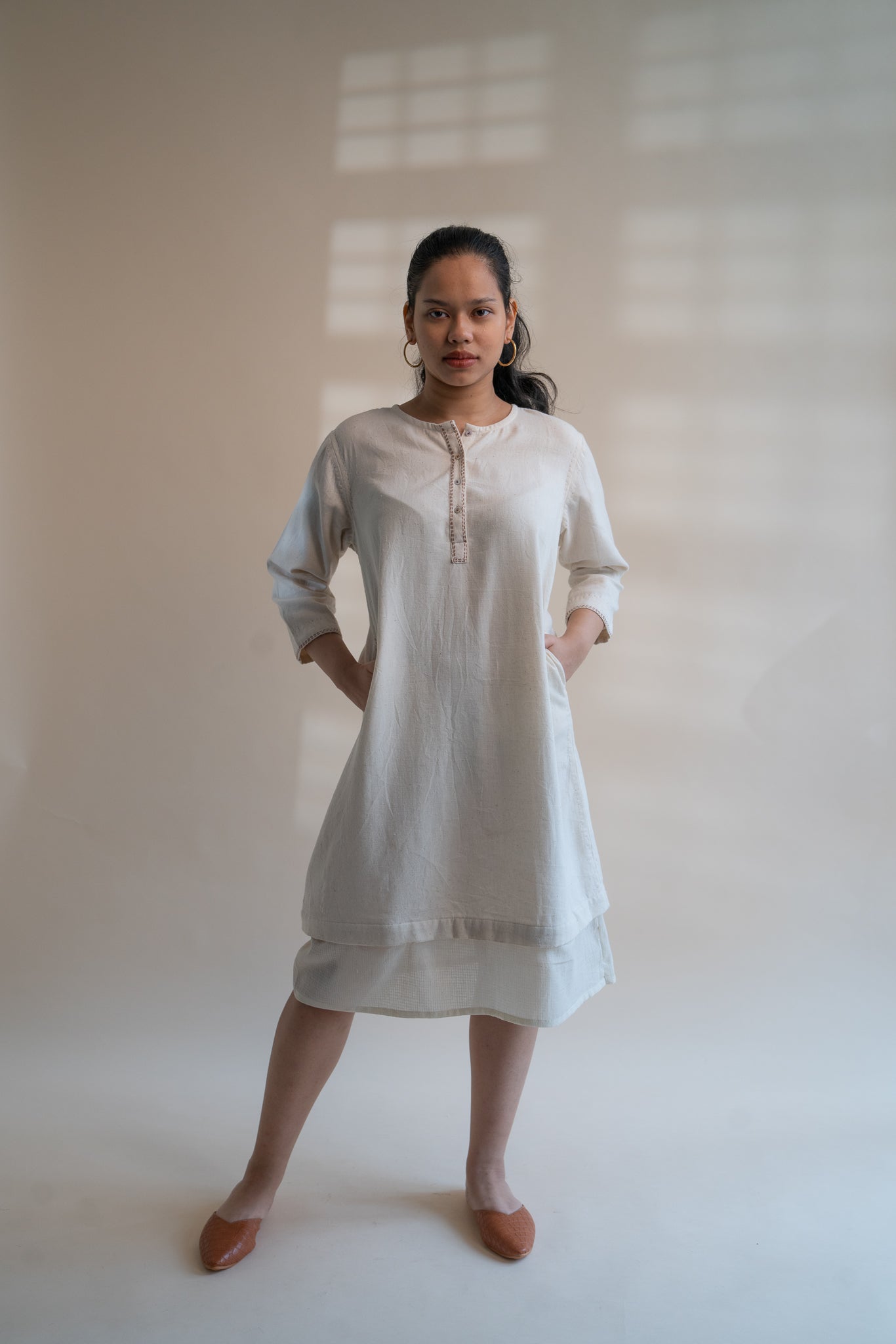 Dawning Long Shirt by Lafaani with Beige, Casual Wear, Dawning by Lafaani, Denim, Embroidered, Hand Woven Cotton, Kora, Natural, Regular Fit, Shirt Dresses, Shirts, Womenswear at Kamakhyaa for sustainable fashion