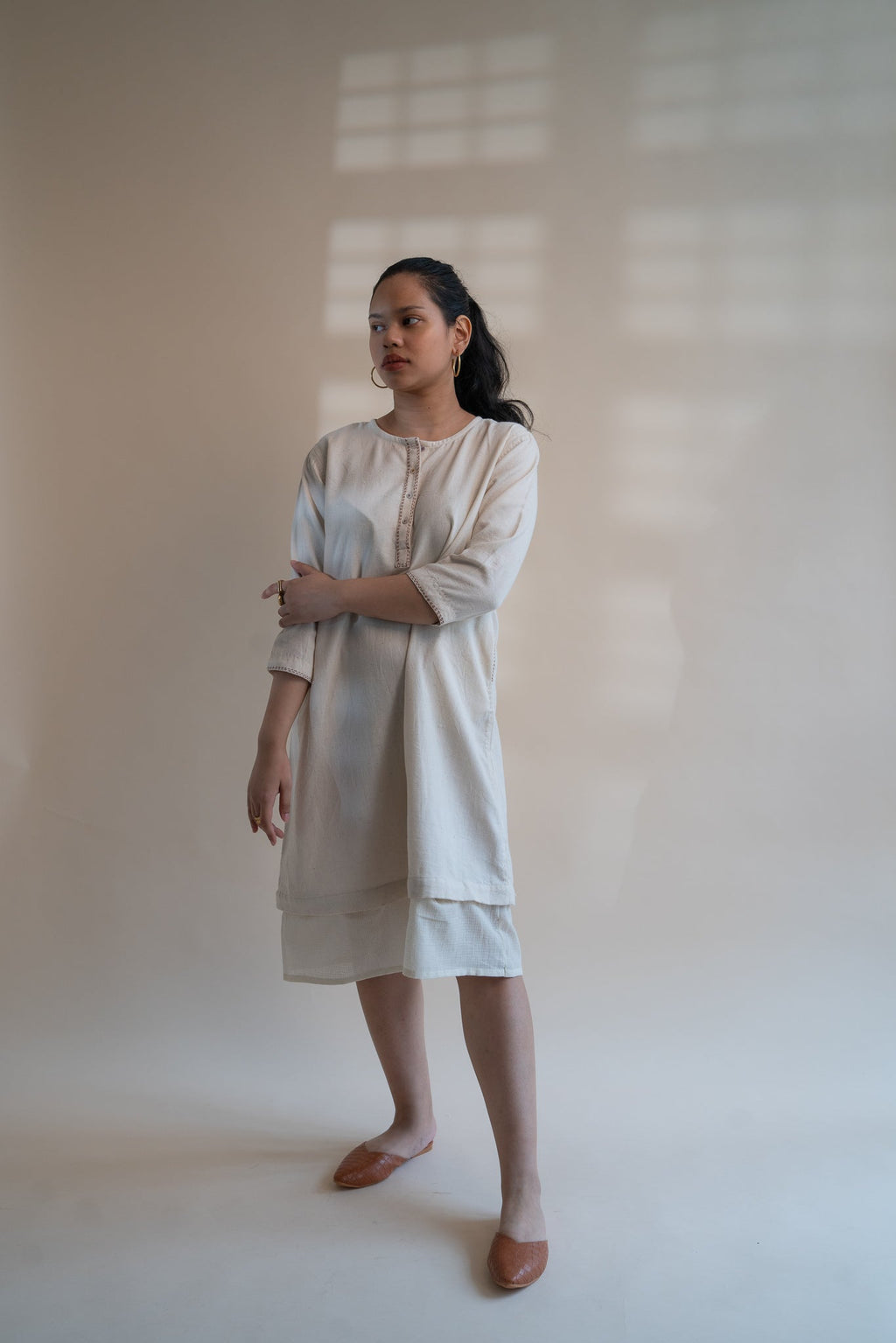 Dawning Long Shirt by Lafaani with Beige, Casual Wear, Dawning by Lafaani, Denim, Embroidered, Hand Woven Cotton, Kora, Natural, Regular Fit, Shirt Dresses, Shirts, Womenswear at Kamakhyaa for sustainable fashion