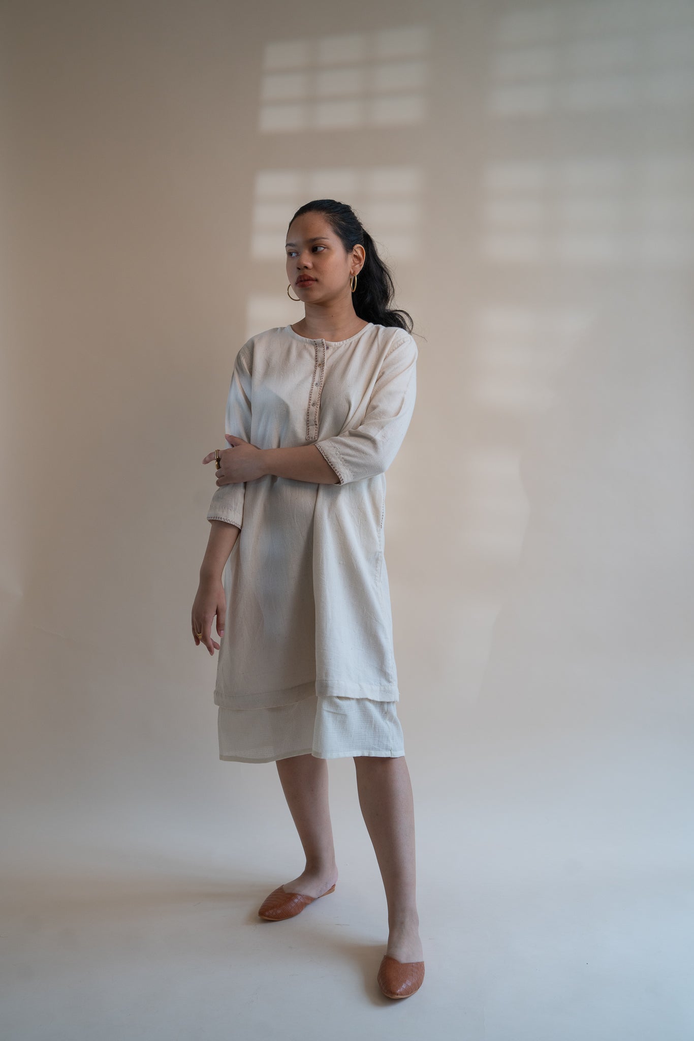 Dawning Long Shirt by Lafaani with Beige, Casual Wear, Dawning by Lafaani, Denim, Embroidered, Hand Woven Cotton, Kora, Natural, Regular Fit, Shirt Dresses, Shirts, Womenswear at Kamakhyaa for sustainable fashion