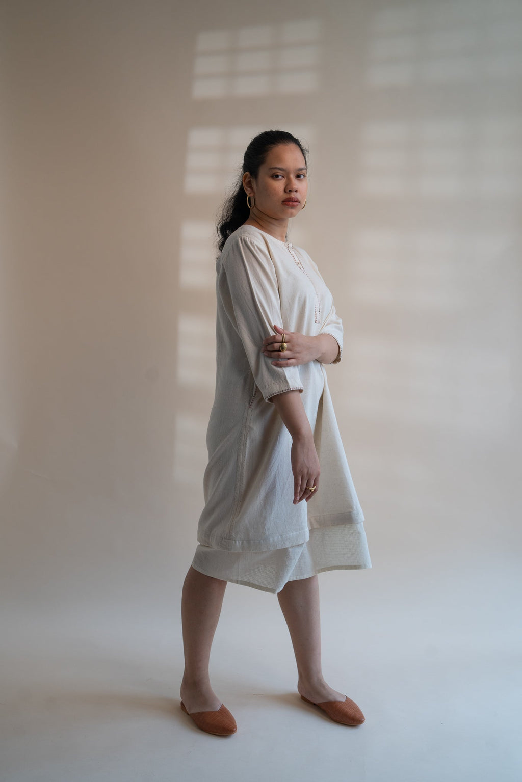 Dawning Long Shirt by Lafaani with Beige, Casual Wear, Dawning by Lafaani, Denim, Embroidered, Hand Woven Cotton, Kora, Natural, Regular Fit, Shirt Dresses, Shirts, Womenswear at Kamakhyaa for sustainable fashion