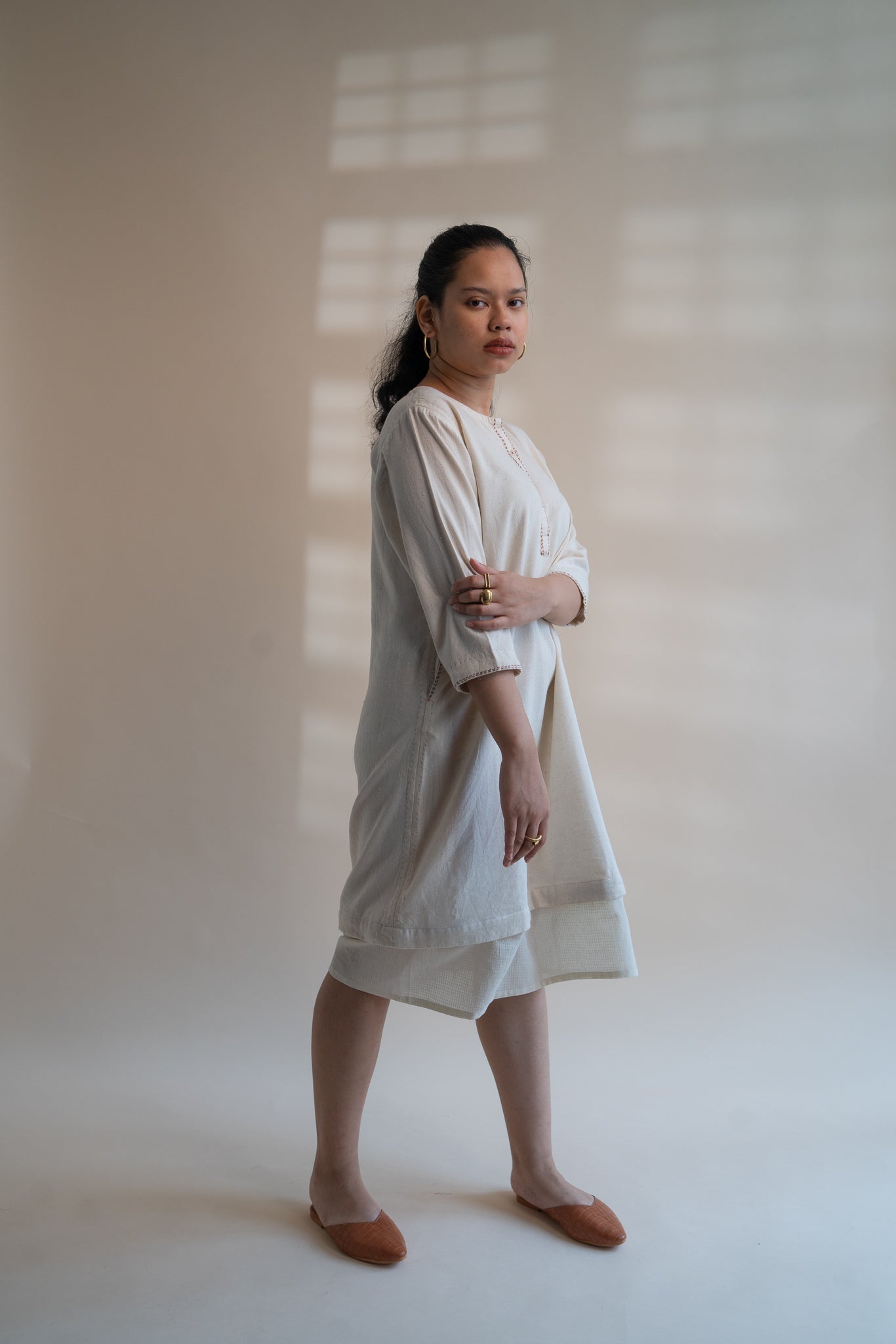 Dawning Long Shirt by Lafaani with Beige, Casual Wear, Dawning by Lafaani, Denim, Embroidered, Hand Woven Cotton, Kora, Natural, Regular Fit, Shirt Dresses, Shirts, Womenswear at Kamakhyaa for sustainable fashion