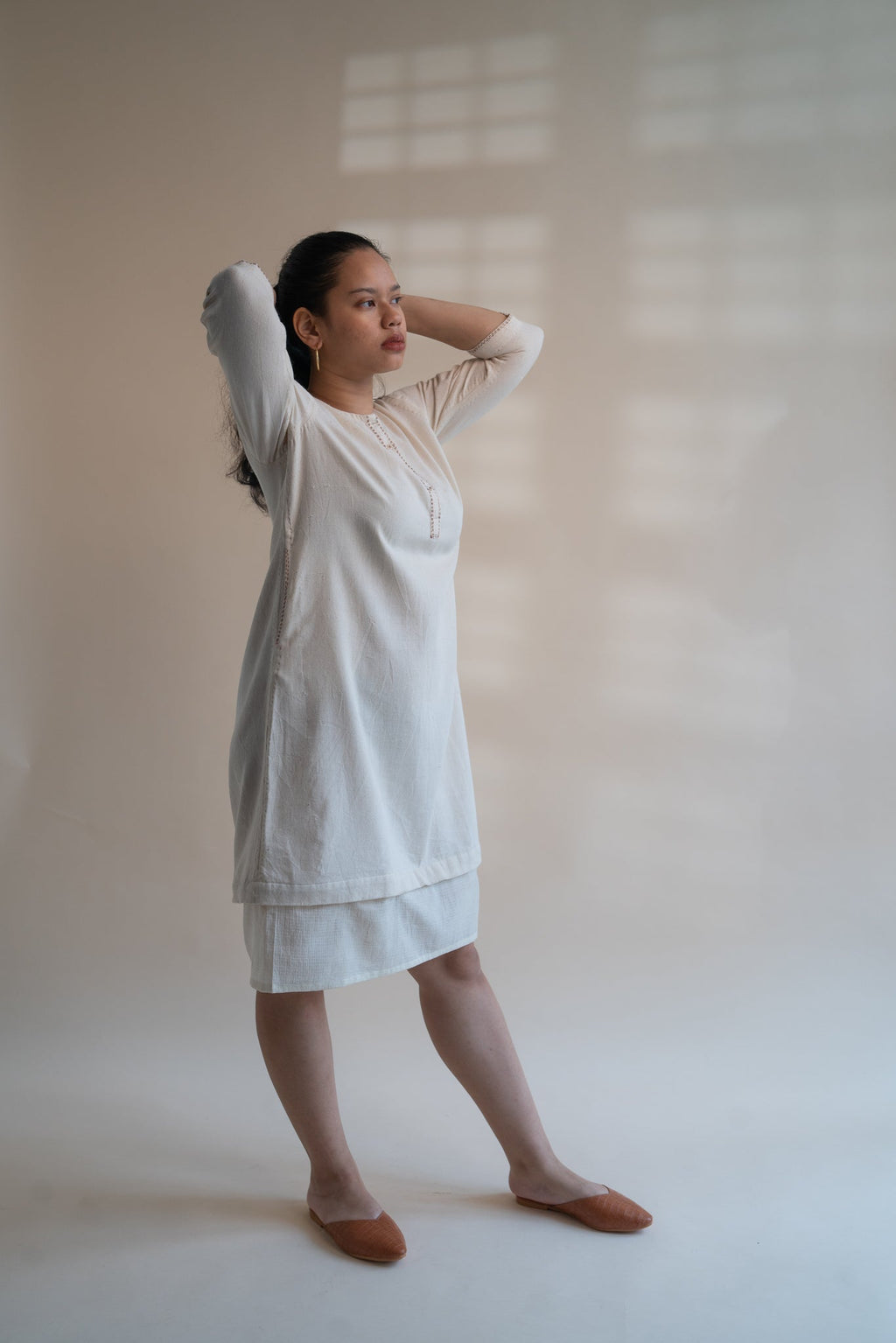Dawning Long Shirt by Lafaani with Beige, Casual Wear, Dawning by Lafaani, Denim, Embroidered, Hand Woven Cotton, Kora, Natural, Regular Fit, Shirt Dresses, Shirts, Womenswear at Kamakhyaa for sustainable fashion