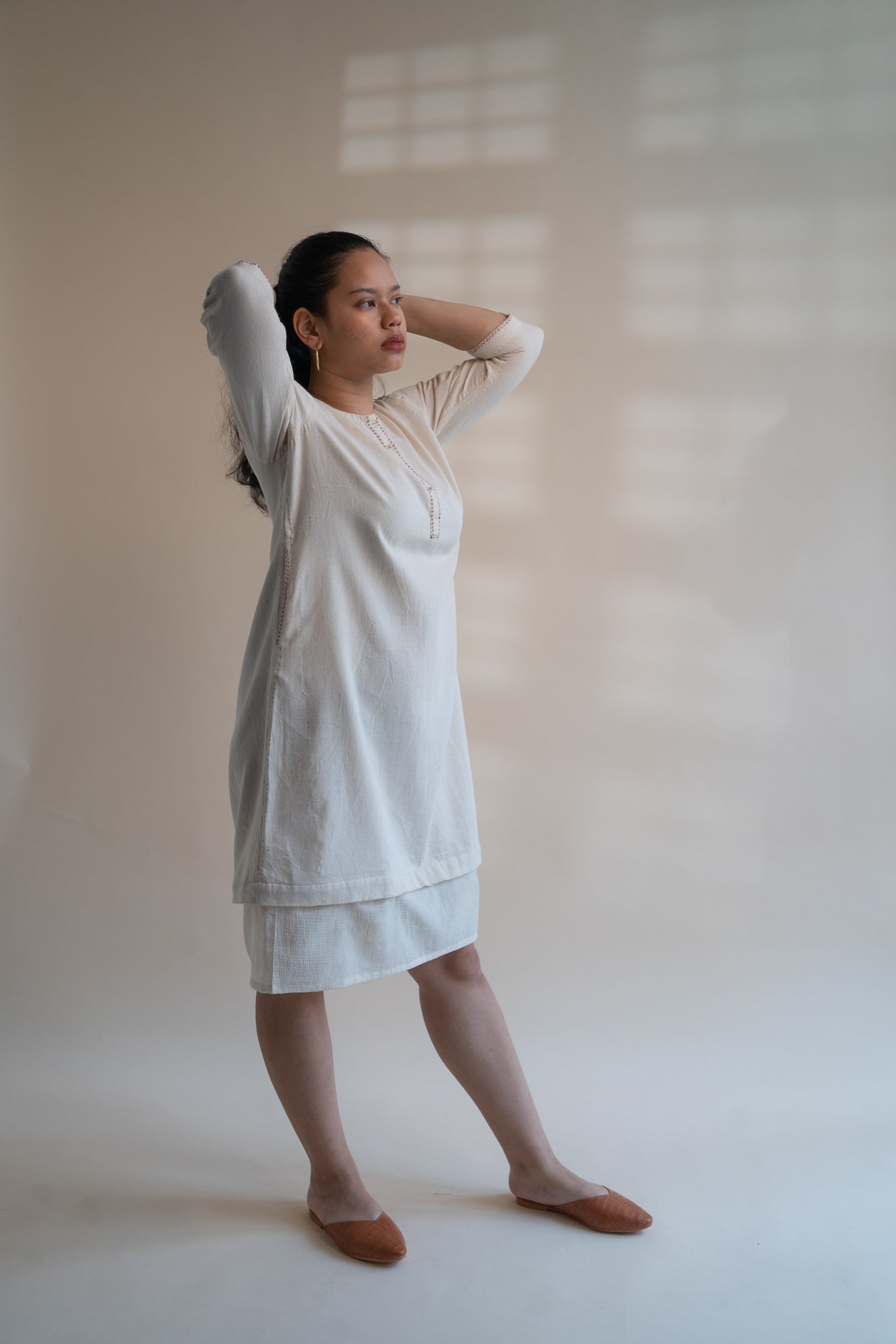 Dawning Long Shirt by Lafaani with Beige, Casual Wear, Dawning by Lafaani, Denim, Embroidered, Hand Woven Cotton, Kora, Natural, Regular Fit, Shirt Dresses, Shirts, Womenswear at Kamakhyaa for sustainable fashion