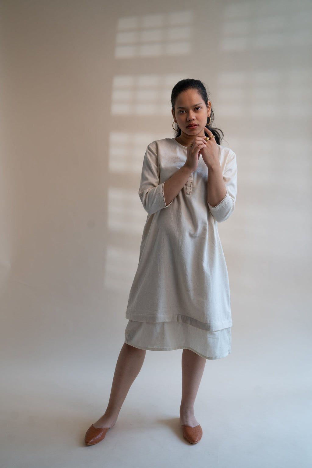Dawning Long Shirt by Lafaani with Beige, Casual Wear, Dawning by Lafaani, Denim, Embroidered, Hand Woven Cotton, Kora, Natural, Regular Fit, Shirt Dresses, Shirts, Womenswear at Kamakhyaa for sustainable fashion