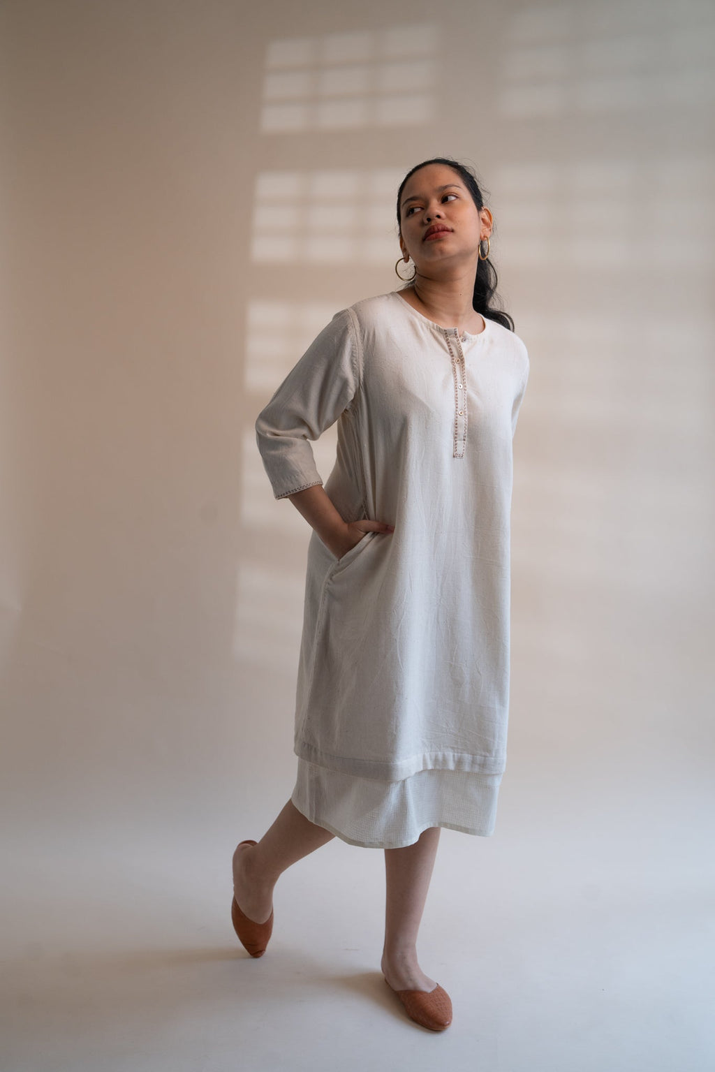 Dawning Long Shirt by Lafaani with Beige, Casual Wear, Dawning by Lafaani, Denim, Embroidered, Hand Woven Cotton, Kora, Natural, Regular Fit, Shirt Dresses, Shirts, Womenswear at Kamakhyaa for sustainable fashion