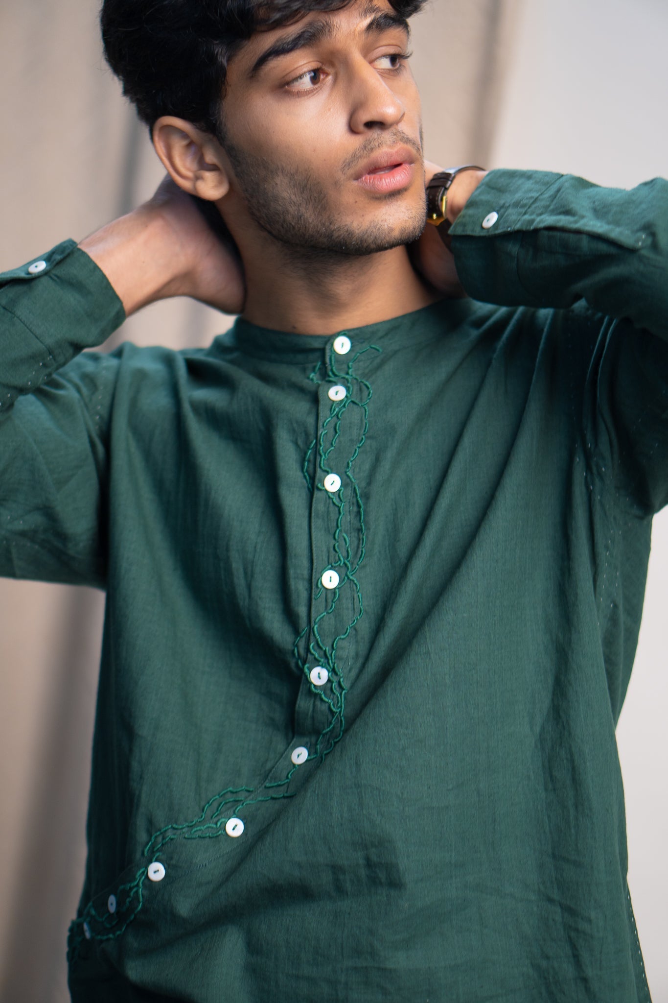 Angrakha Shirt & Pants Set by Lafaani with 100% pure cotton, Casual Wear, Co-ord Sets, Green, Kora, Menswear, Natural with azo free dyes, Organic, Regular Fit, Rewind, Rewind by Lafaani, Solids at Kamakhyaa for sustainable fashion