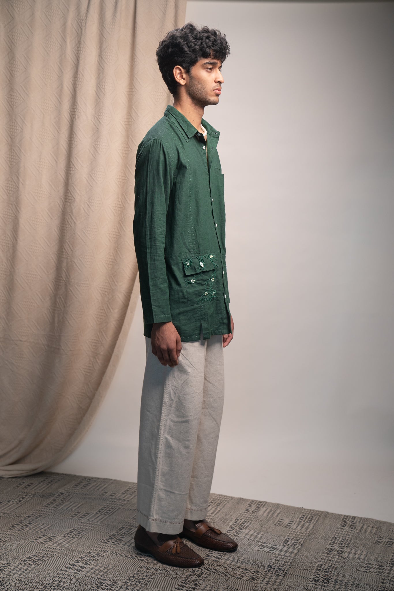 Panelled Shirt & Pants Set by Lafaani with 100% pure cotton, Casual Wear, Co-ord Sets, Green, Kora, Menswear, Natural with azo free dyes, Organic, Regular Fit, Rewind, Rewind by Lafaani, Solids at Kamakhyaa for sustainable fashion