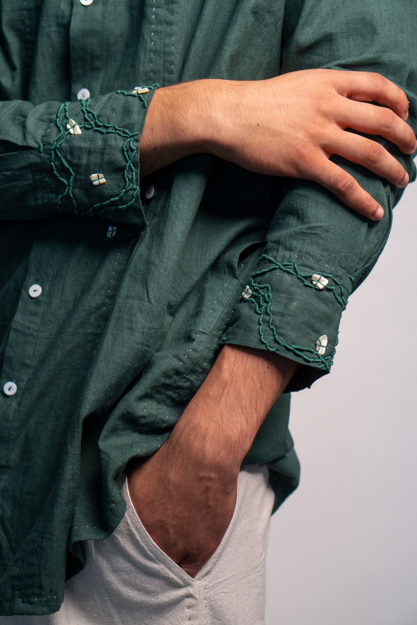 Button Detail Shirt & Pants Set by Lafaani with 100% pure cotton, Casual Wear, Co-ord Sets, Green, Kora, Menswear, Natural with azo free dyes, Organic, Regular Fit, Rewind, Rewind by Lafaani, Solids at Kamakhyaa for sustainable fashion