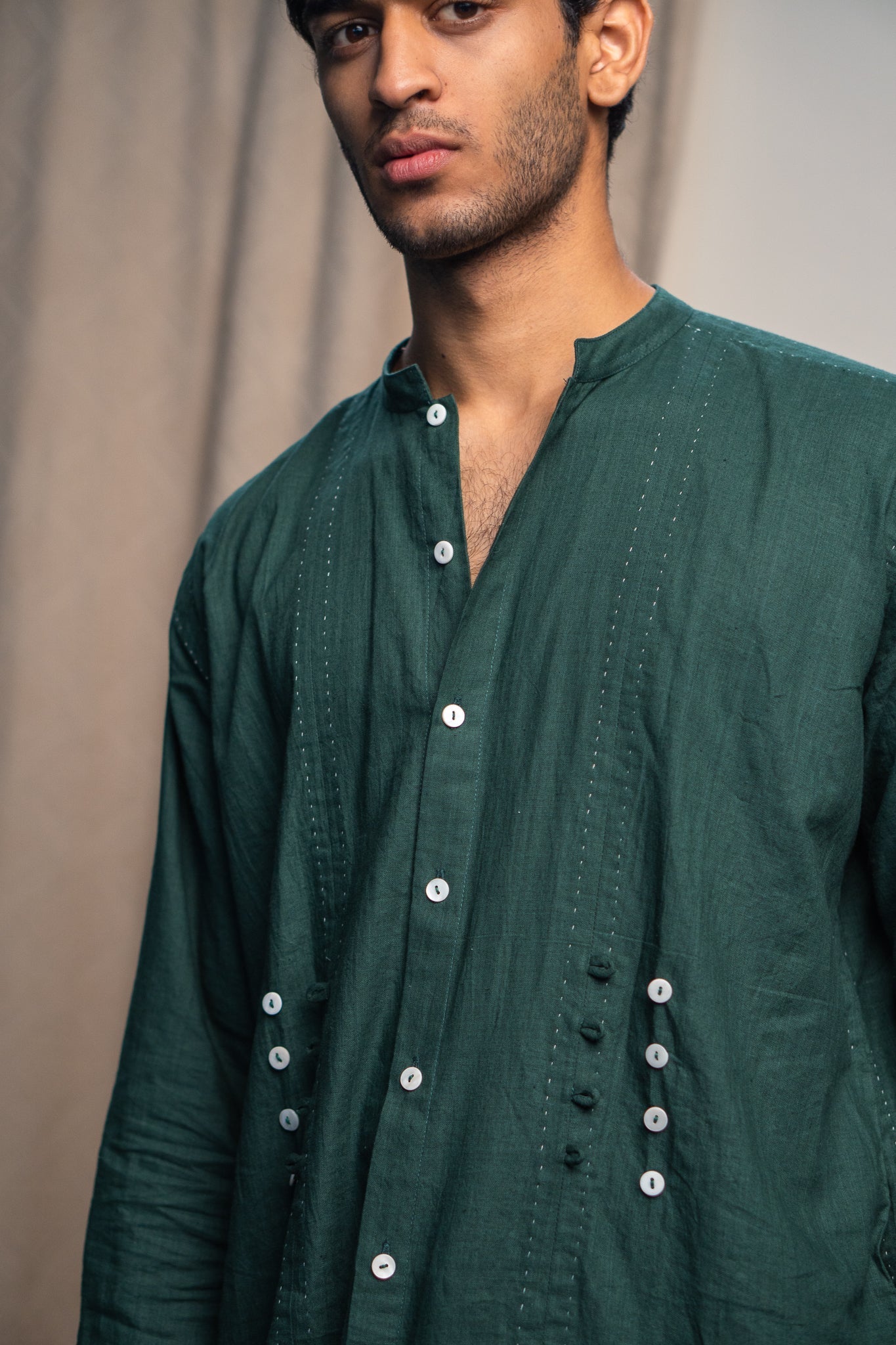 Button Detail Shirt & Pants Set by Lafaani with 100% pure cotton, Casual Wear, Co-ord Sets, Green, Kora, Menswear, Natural with azo free dyes, Organic, Regular Fit, Rewind, Rewind by Lafaani, Solids at Kamakhyaa for sustainable fashion