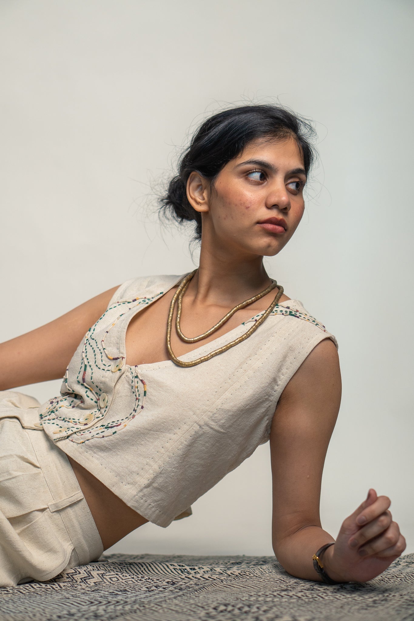 Cropped Blouse & Pants set by Lafaani with 100% pure cotton, Casual Wear, Embroidered, Kora, Organic, Regular Fit, Rewind, Rewind by Lafaani, Solids, Travel Co-ords, Undyed and Unbleached, Womenswear at Kamakhyaa for sustainable fashion