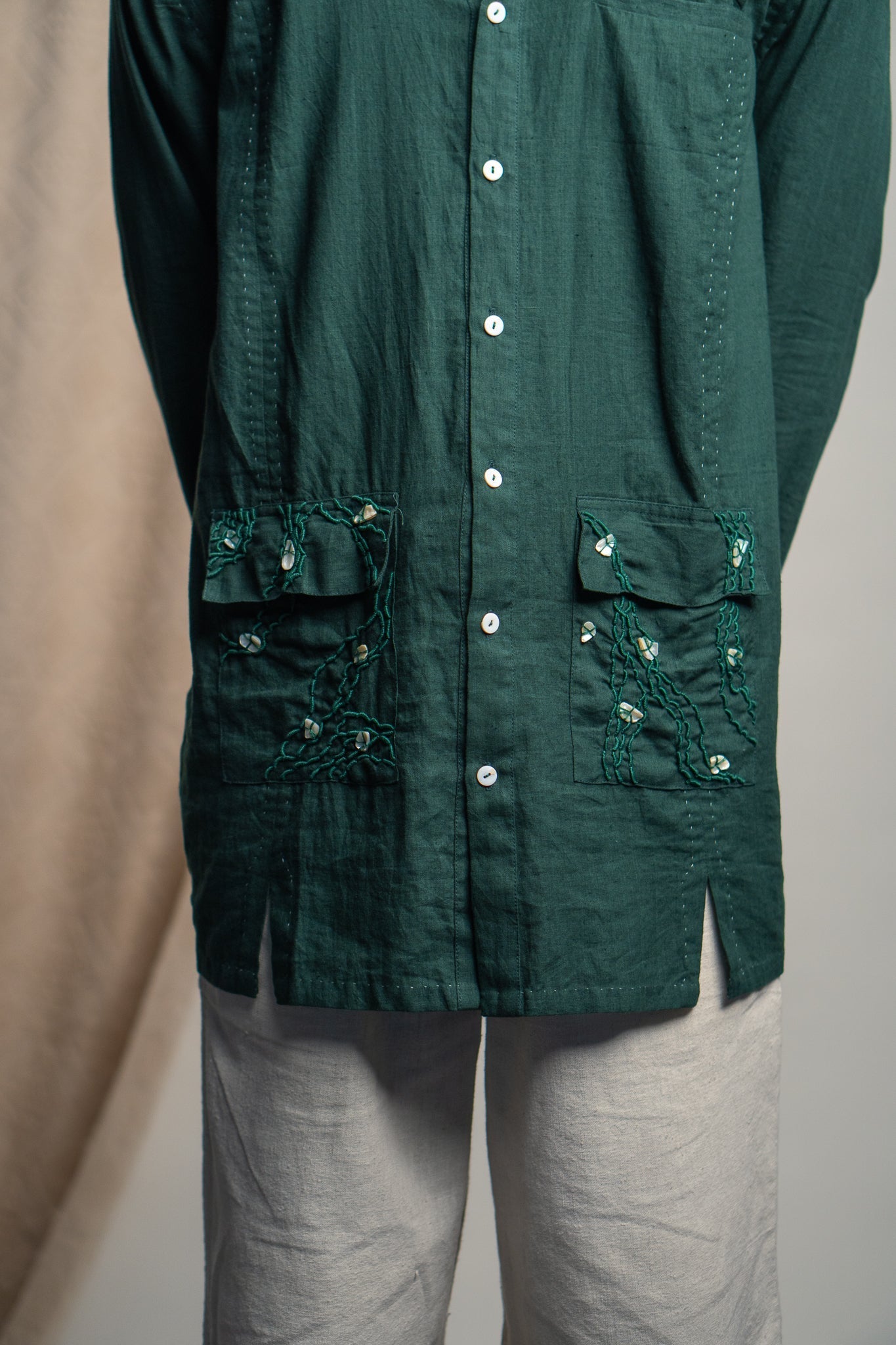 Panelled Shirt & Pants Set by Lafaani with 100% pure cotton, Casual Wear, Co-ord Sets, Green, Kora, Menswear, Natural with azo free dyes, Organic, Regular Fit, Rewind, Rewind by Lafaani, Solids at Kamakhyaa for sustainable fashion