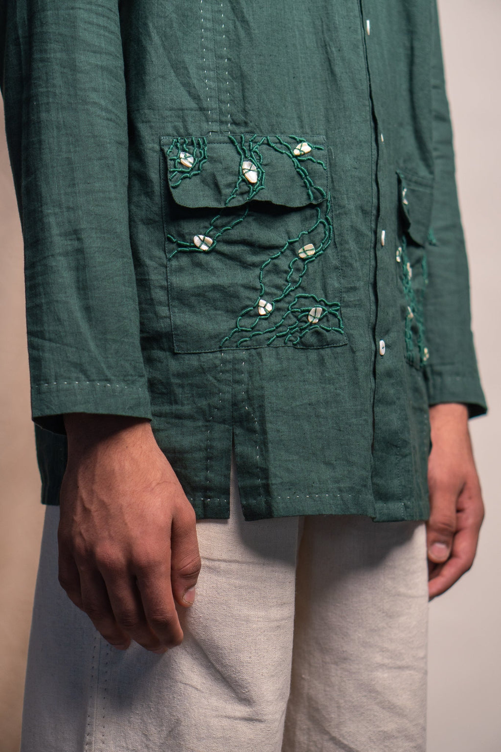 Green Panelled Shirt by Lafaani with 100% pure cotton, Casual Wear, Green, Menswear, Natural with azo free dyes, Organic, Regular Fit, Rewind, Rewind by Lafaani, Shirts, Solids at Kamakhyaa for sustainable fashion