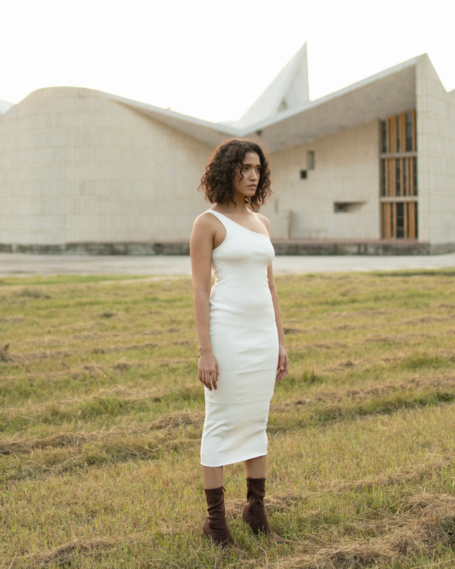 White Midi Dress by Meko Studio with Cotton, Evening Wear, July Sale, July Sale 2023, Midi Dresses, One Shoulder Dresses, Slim Fit, Solids, Tranquil AW-22/23, Tranquil by Meko Studio, White, Womenswear at Kamakhyaa for sustainable fashion