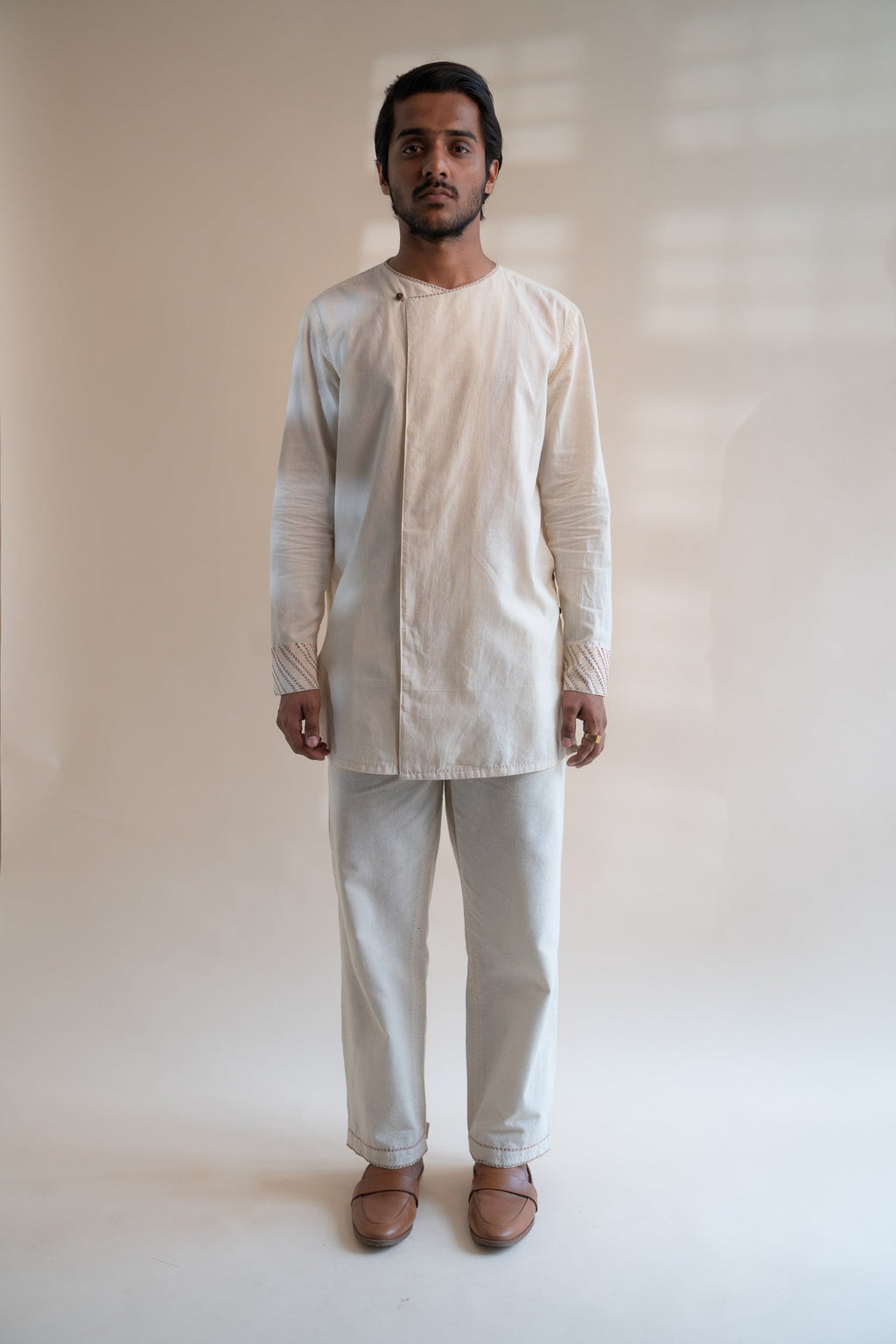 Dawning Angrakha Long Shirt by Lafaani with Beige, Casual Wear, Dawning by Lafaani, Denim, Embroidered, For Father, For Him, Hand Woven Cotton, Kora, Menswear, Natural, Regular Fit, Shirts, Tops at Kamakhyaa for sustainable fashion