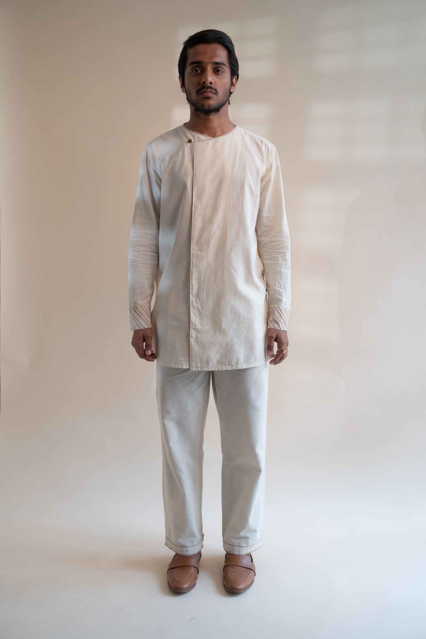 Dawning Angrakha Long Shirt by Lafaani with Beige, Casual Wear, Dawning by Lafaani, Denim, Embroidered, For Father, For Him, Hand Woven Cotton, Kora, Menswear, Natural, Regular Fit, Shirts, Tops at Kamakhyaa for sustainable fashion