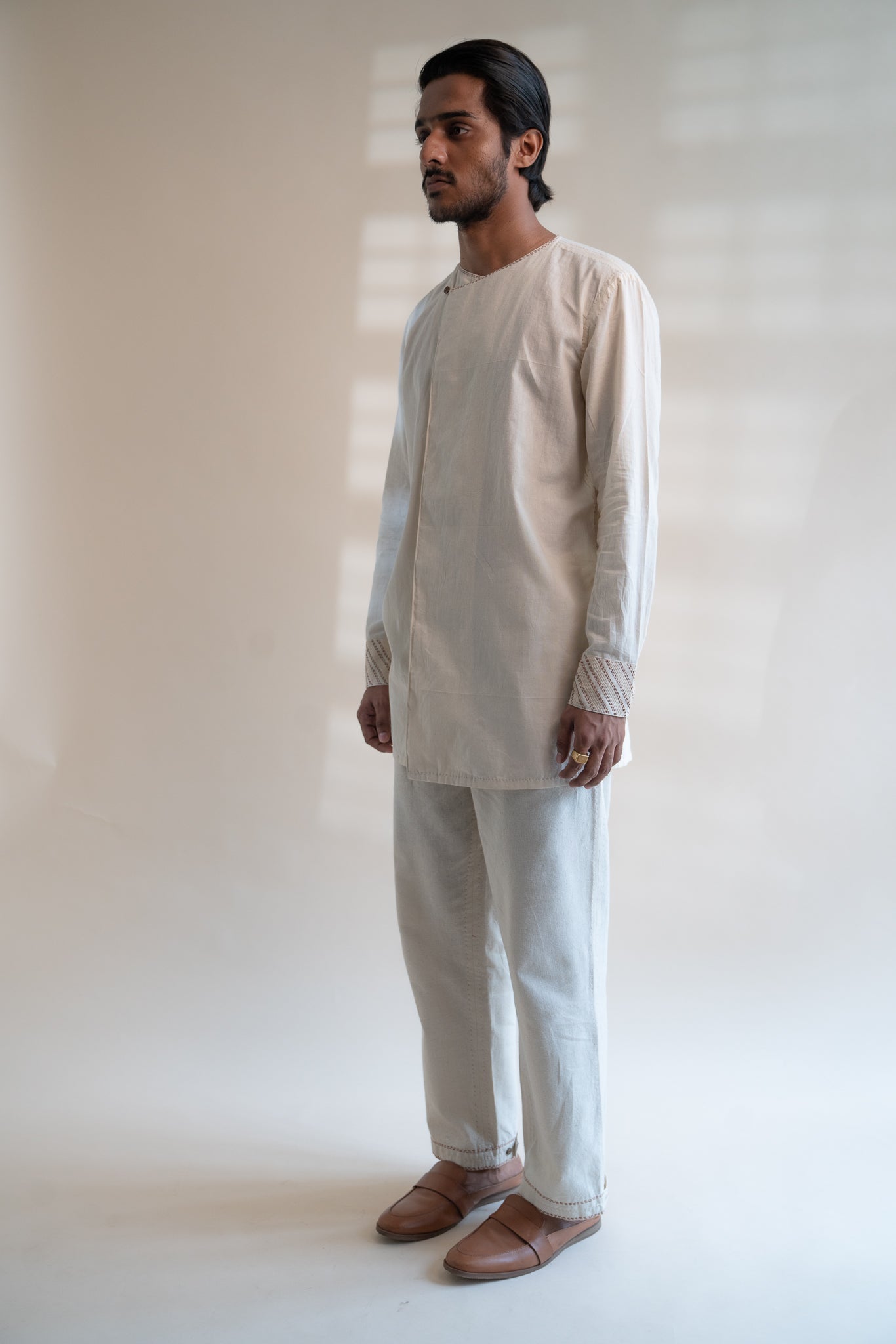 Dawning Angrakha Long Shirt by Lafaani with Beige, Casual Wear, Dawning by Lafaani, Denim, Embroidered, For Father, For Him, Hand Woven Cotton, Kora, Menswear, Natural, Regular Fit, Shirts, Tops at Kamakhyaa for sustainable fashion