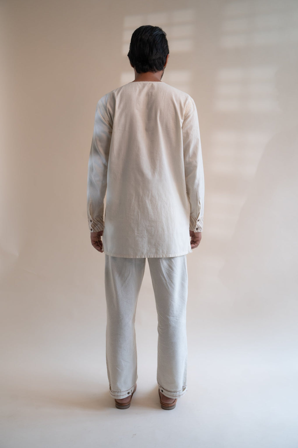 Dawning Angrakha Long Shirt by Lafaani with Beige, Casual Wear, Dawning by Lafaani, Denim, Embroidered, For Father, For Him, Hand Woven Cotton, Kora, Menswear, Natural, Regular Fit, Shirts, Tops at Kamakhyaa for sustainable fashion