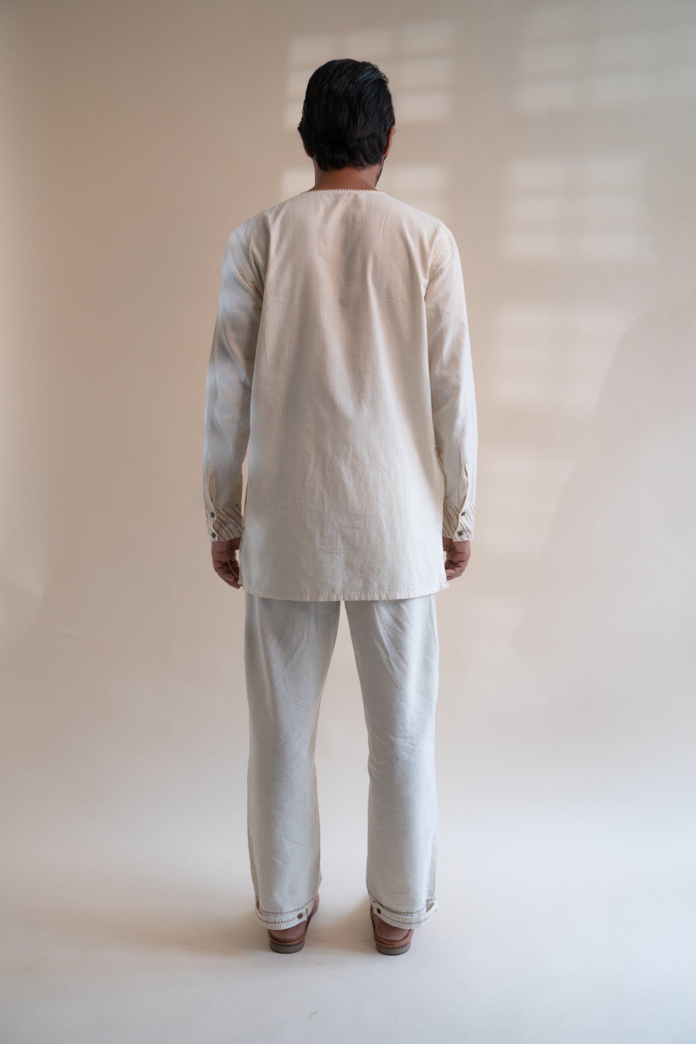 Dawning Angrakha Long Shirt by Lafaani with Beige, Casual Wear, Dawning by Lafaani, Denim, Embroidered, For Father, For Him, Hand Woven Cotton, Kora, Menswear, Natural, Regular Fit, Shirts, Tops at Kamakhyaa for sustainable fashion