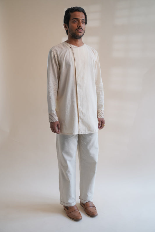 Dawning Angrakha Long Shirt by Lafaani with Beige, Casual Wear, Dawning by Lafaani, Denim, Embroidered, For Father, For Him, Hand Woven Cotton, Kora, Menswear, Natural, Regular Fit, Shirts, Tops at Kamakhyaa for sustainable fashion