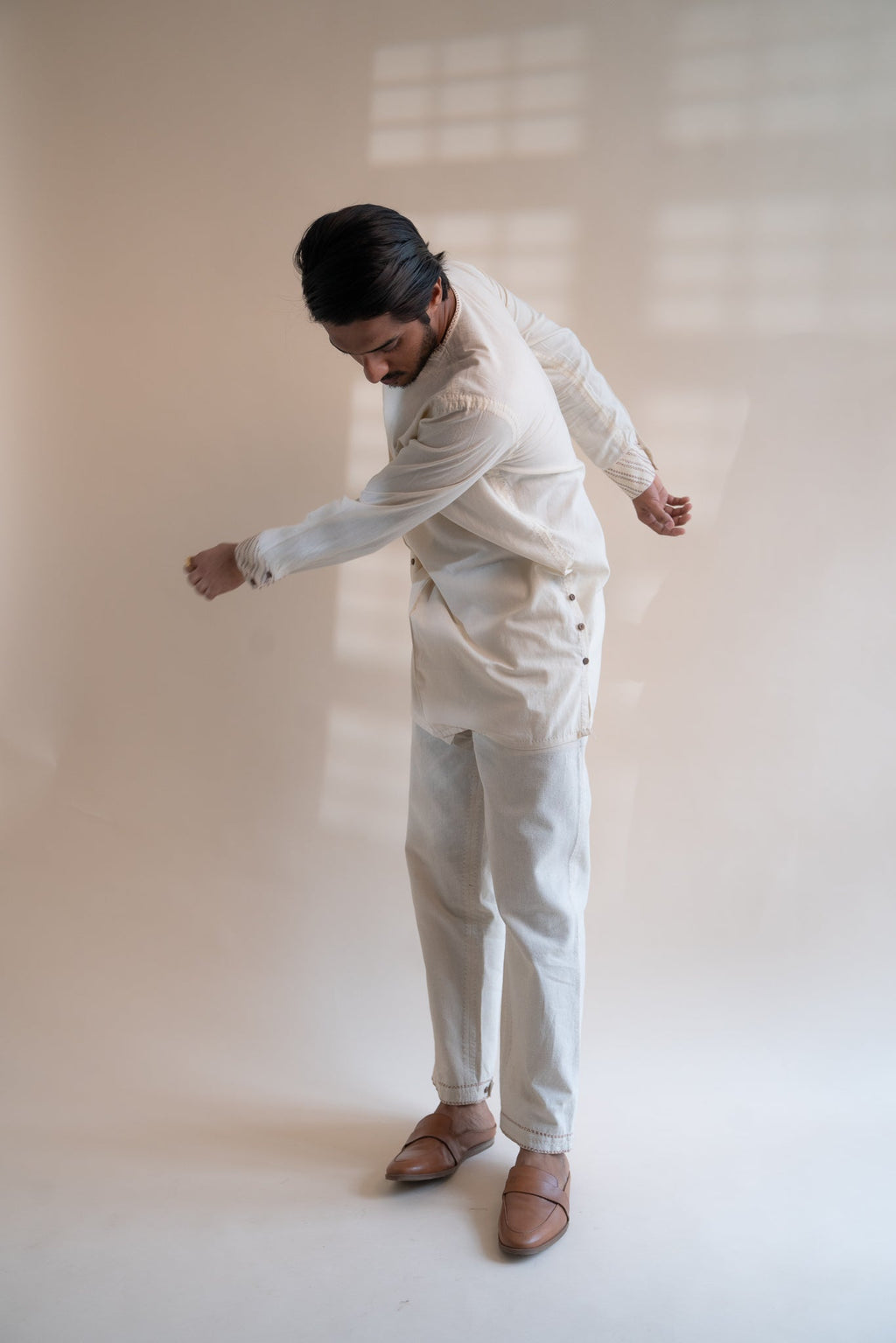 Dawning Angrakha Long Shirt by Lafaani with Beige, Casual Wear, Dawning by Lafaani, Denim, Embroidered, For Father, For Him, Hand Woven Cotton, Kora, Menswear, Natural, Regular Fit, Shirts, Tops at Kamakhyaa for sustainable fashion