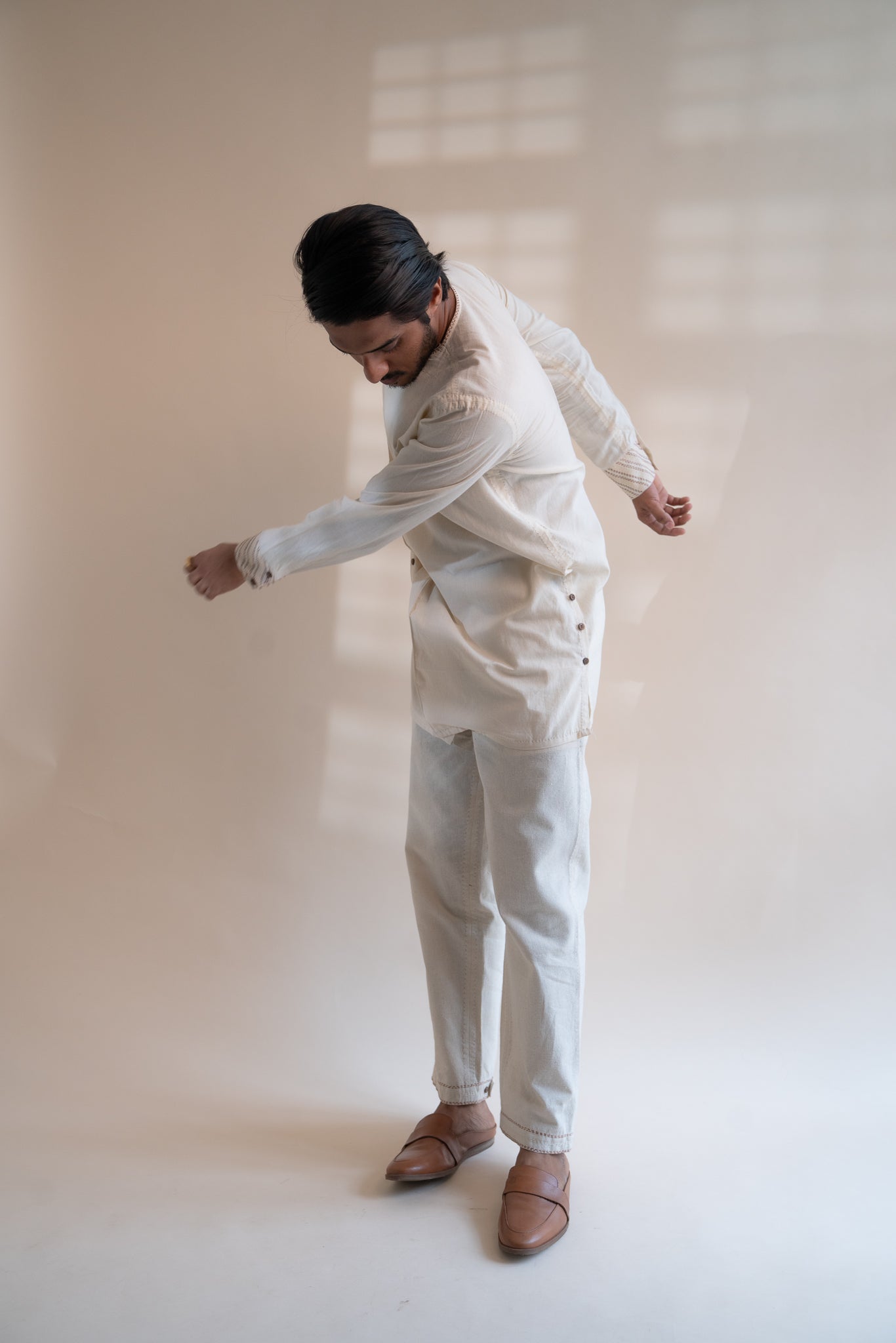 Dawning Angrakha Long Shirt by Lafaani with Beige, Casual Wear, Dawning by Lafaani, Denim, Embroidered, For Father, For Him, Hand Woven Cotton, Kora, Menswear, Natural, Regular Fit, Shirts, Tops at Kamakhyaa for sustainable fashion