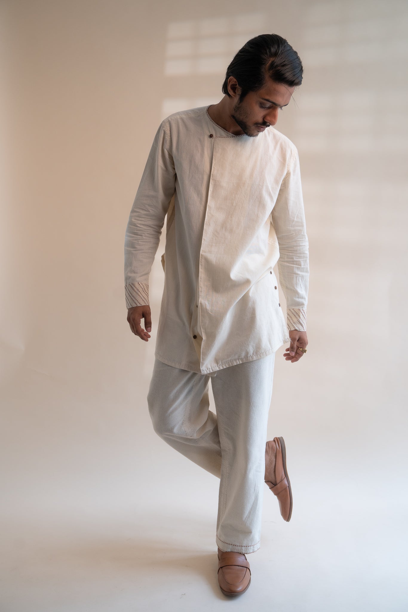 Dawning Angrakha Long Shirt by Lafaani with Beige, Casual Wear, Dawning by Lafaani, Denim, Embroidered, For Father, For Him, Hand Woven Cotton, Kora, Menswear, Natural, Regular Fit, Shirts, Tops at Kamakhyaa for sustainable fashion
