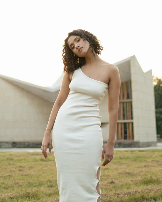 White Midi Dress by Meko Studio with Cotton, Evening Wear, July Sale, July Sale 2023, Midi Dresses, One Shoulder Dresses, Slim Fit, Solids, Tranquil AW-22/23, Tranquil by Meko Studio, White, Womenswear at Kamakhyaa for sustainable fashion