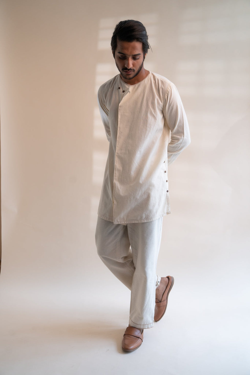 Dawning Angrakha Long Shirt by Lafaani with Beige, Casual Wear, Dawning by Lafaani, Denim, Embroidered, For Father, For Him, Hand Woven Cotton, Kora, Menswear, Natural, Regular Fit, Shirts, Tops at Kamakhyaa for sustainable fashion