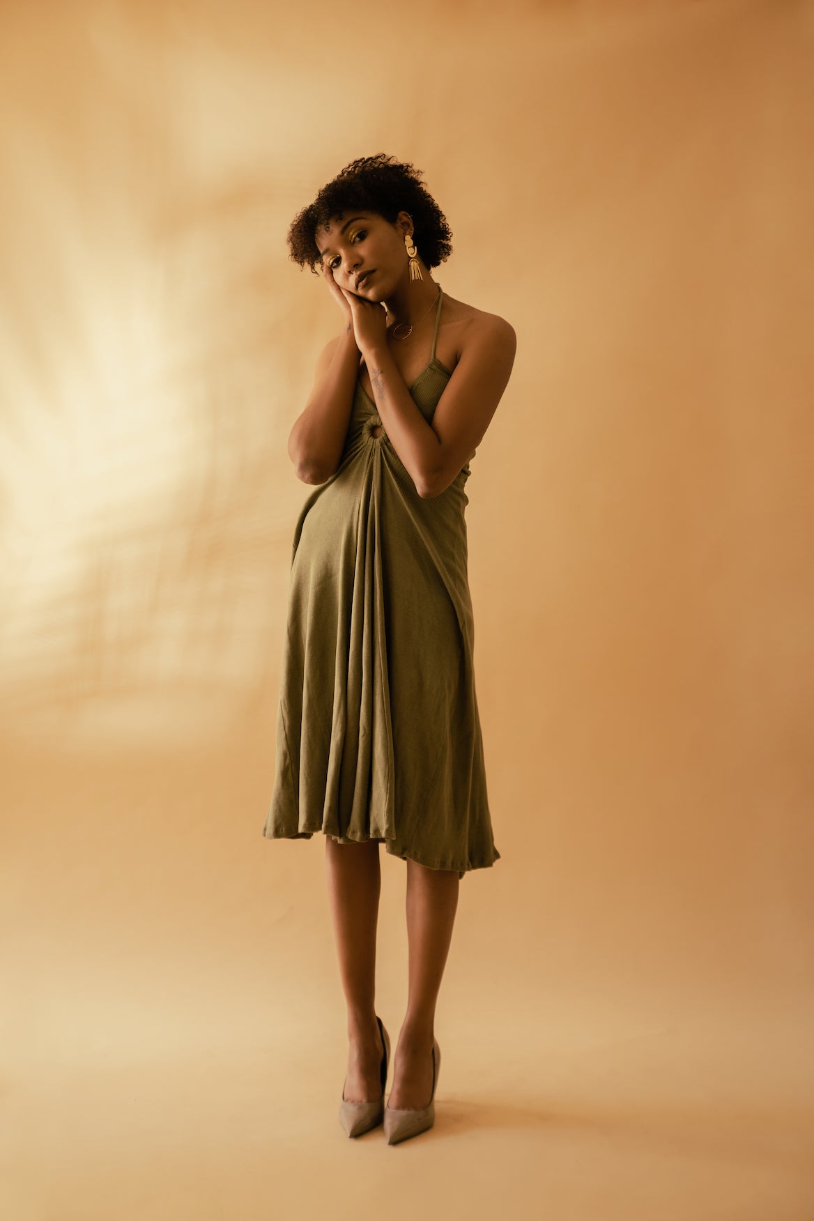 Olive Green Cotton Midi Dress by Meko Studio with Cotton, Deadstock Fabrics, Evening Wear, July Sale, July Sale 2023, Lycra, Midi Dresses, Regular Fit, Sleeveless Dresses, Solids, Strap Dresses, Verao by Meko Studio, Verao SS-22/23, Womenswear at Kamakhyaa for sustainable fashion