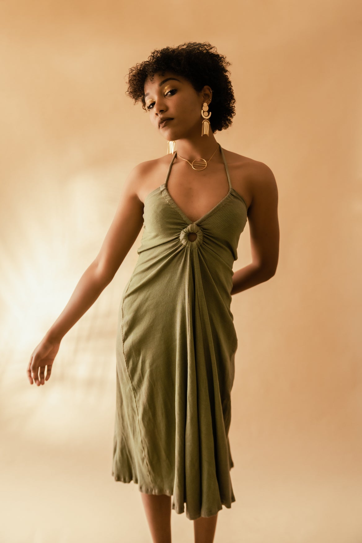 Olive Green Cotton Midi Dress by Meko Studio with Cotton, Deadstock Fabrics, Evening Wear, July Sale, July Sale 2023, Lycra, Midi Dresses, Regular Fit, Sleeveless Dresses, Solids, Strap Dresses, Verao by Meko Studio, Verao SS-22/23, Womenswear at Kamakhyaa for sustainable fashion