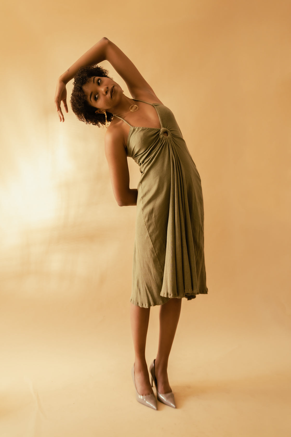 Olive Green Cotton Midi Dress by Meko Studio with Cotton, Deadstock Fabrics, Evening Wear, July Sale, July Sale 2023, Lycra, Midi Dresses, Regular Fit, Sleeveless Dresses, Solids, Strap Dresses, Verao by Meko Studio, Verao SS-22/23, Womenswear at Kamakhyaa for sustainable fashion