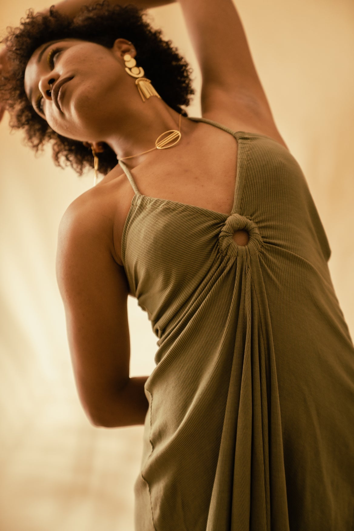 Olive Green Cotton Midi Dress by Meko Studio with Cotton, Deadstock Fabrics, Evening Wear, July Sale, July Sale 2023, Lycra, Midi Dresses, Regular Fit, Sleeveless Dresses, Solids, Strap Dresses, Verao by Meko Studio, Verao SS-22/23, Womenswear at Kamakhyaa for sustainable fashion