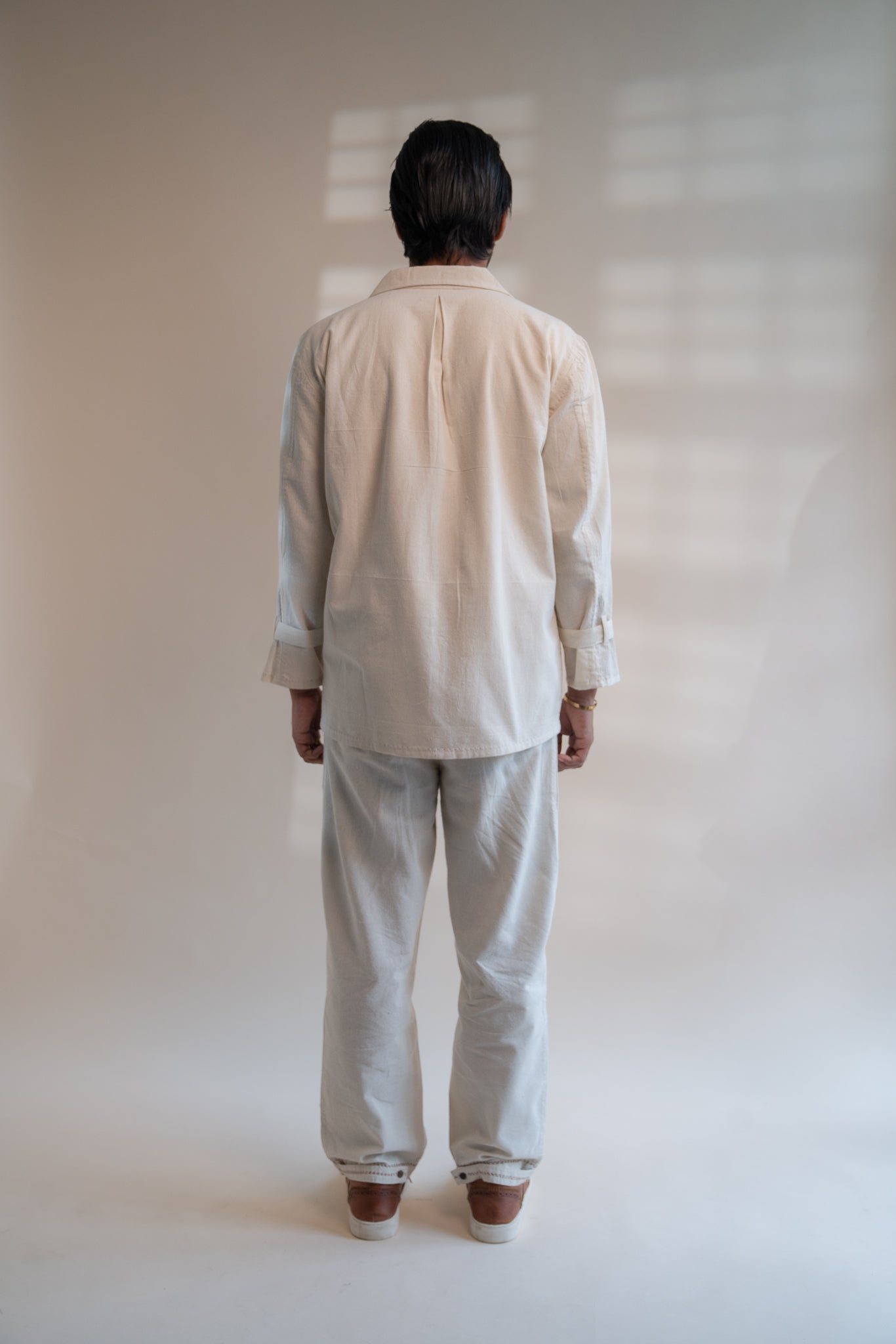 Dawning Unisex Pleated Blazer by Lafaani with Beige, Blazers, Casual Wear, Dawning by Lafaani, Denim, Embroidered, For Him, Hand Woven Cotton, Kora, Mens Overlay, Menswear, Natural, Regular Fit, Unisex at Kamakhyaa for sustainable fashion