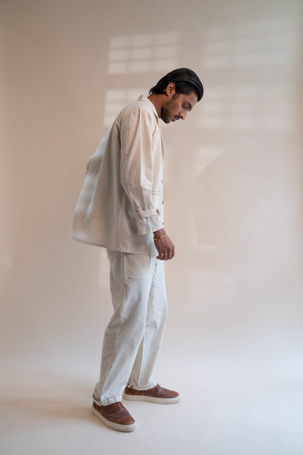 Dawning Unisex Pleated Blazer by Lafaani with Beige, Blazers, Casual Wear, Dawning by Lafaani, Denim, Embroidered, For Him, Hand Woven Cotton, Kora, Mens Overlay, Menswear, Natural, Regular Fit, Unisex at Kamakhyaa for sustainable fashion