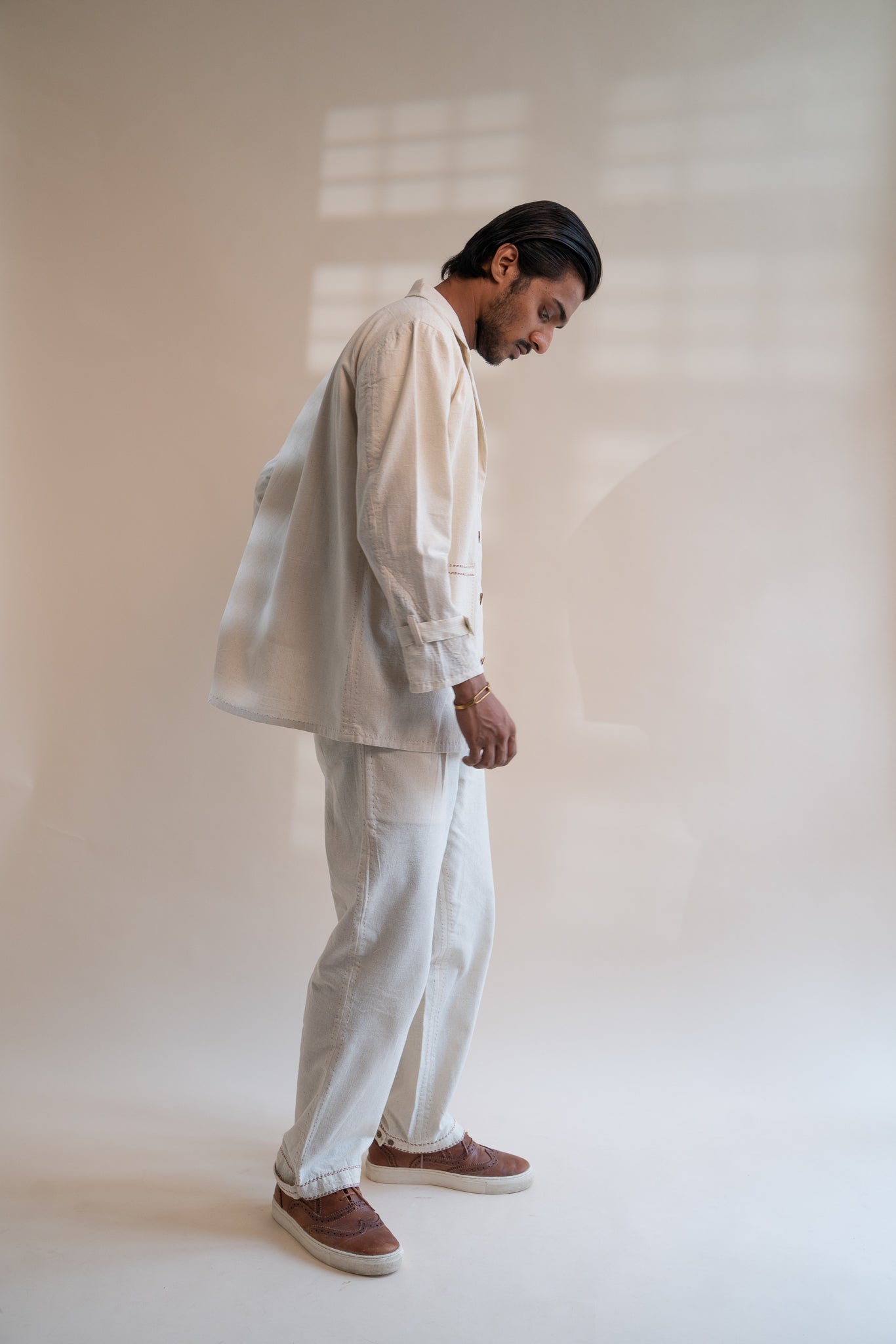 Dawning Unisex Pleated Blazer by Lafaani with Beige, Blazers, Casual Wear, Dawning by Lafaani, Denim, Embroidered, For Him, Hand Woven Cotton, Kora, Mens Overlay, Menswear, Natural, Regular Fit, Unisex at Kamakhyaa for sustainable fashion