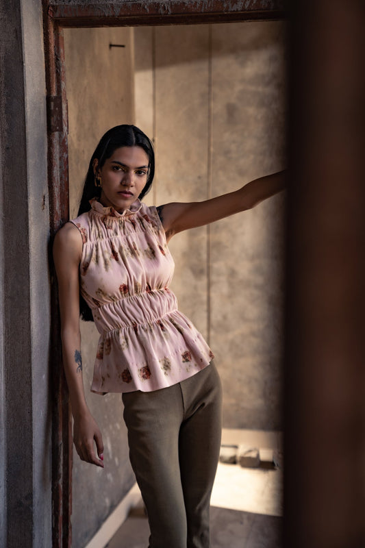 Rose Print Sleeveless Top by Meko Studio with Cotton, Deadstock Fabrics, Evening Wear, High Neck Tops, July Sale, July Sale 2023, Lycra, Pink, Relaxed Fit, Solids, Tops, Turtle Neck Tops, Verao by Meko Studio, Verao SS-22/23, Womenswear at Kamakhyaa for sustainable fashion