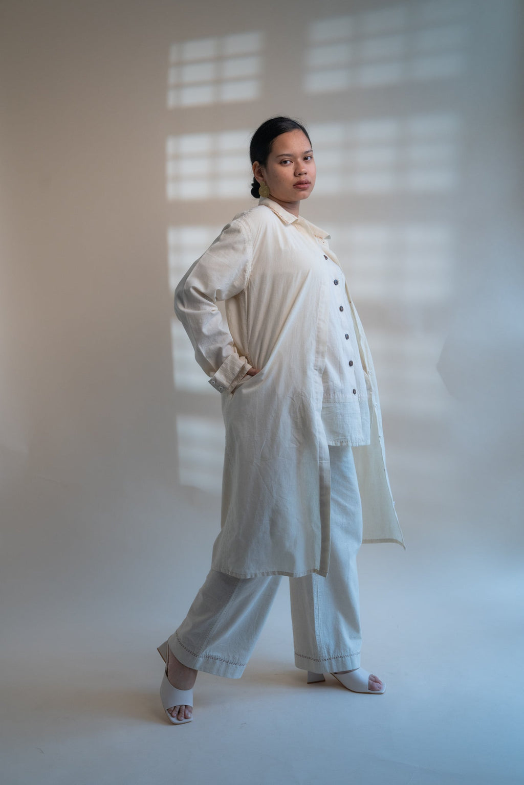 Dawning Unisex Overlay by Lafaani with Beige, Casual Wear, Dawning by Lafaani, Denim, Embroidered, For Him, Hand Woven Cotton, Kora, Mens Overlay, Menswear, Natural, Regular Fit, Trench Coats, Unisex at Kamakhyaa for sustainable fashion