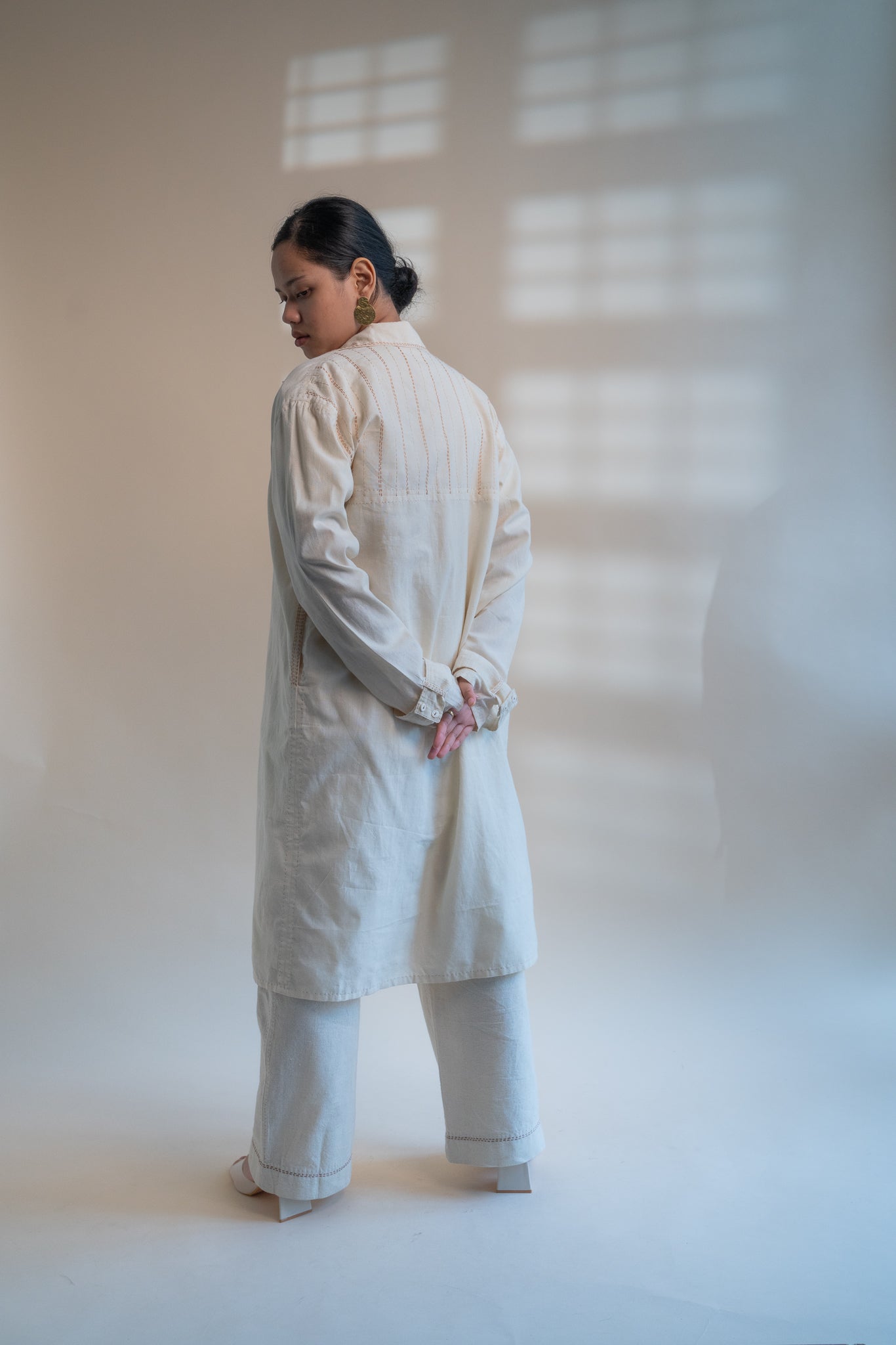 Dawning Unisex Overlay by Lafaani with Beige, Casual Wear, Dawning by Lafaani, Denim, Embroidered, For Him, Hand Woven Cotton, Kora, Mens Overlay, Menswear, Natural, Regular Fit, Trench Coats, Unisex at Kamakhyaa for sustainable fashion