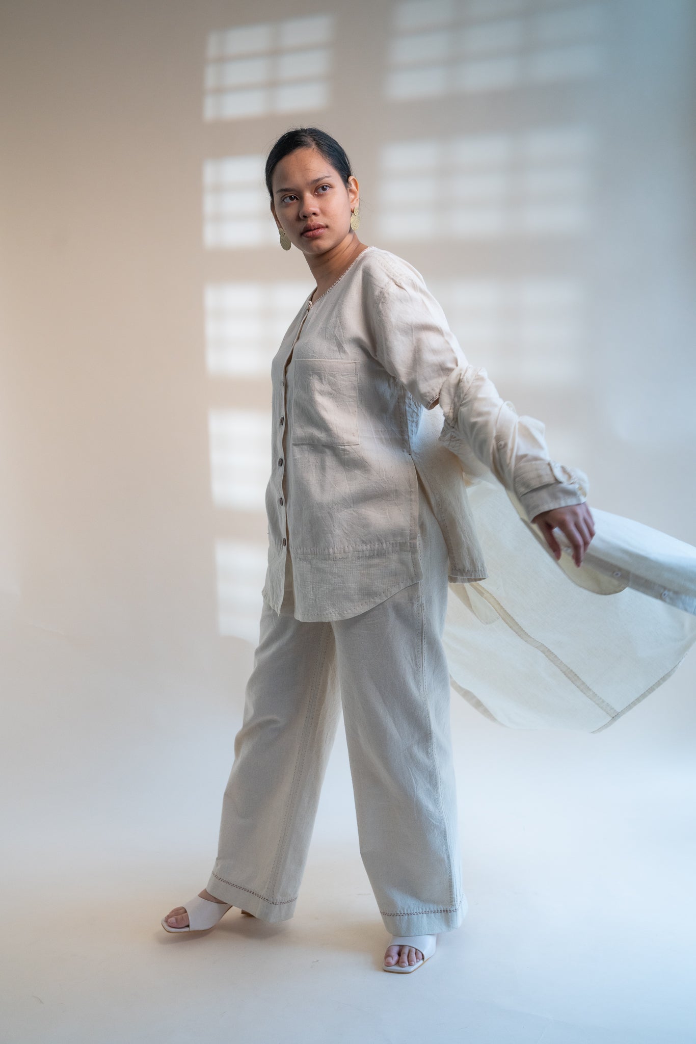 Dawning Unisex Overlay by Lafaani with Beige, Casual Wear, Dawning by Lafaani, Denim, Embroidered, For Him, Hand Woven Cotton, Kora, Mens Overlay, Menswear, Natural, Regular Fit, Trench Coats, Unisex at Kamakhyaa for sustainable fashion