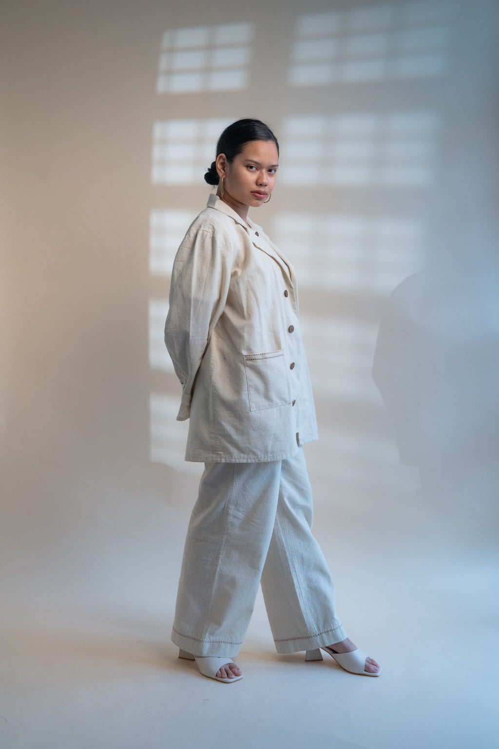 Dawning Unisex Pleated Blazer by Lafaani with Beige, Blazers, Casual Wear, Dawning by Lafaani, Denim, Embroidered, For Him, Hand Woven Cotton, Kora, Mens Overlay, Menswear, Natural, Regular Fit, Unisex at Kamakhyaa for sustainable fashion