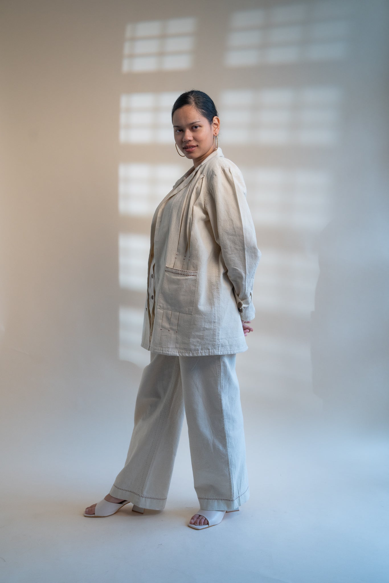 Dawning Unisex Pleated Blazer by Lafaani with Beige, Blazers, Casual Wear, Dawning by Lafaani, Denim, Embroidered, For Him, Hand Woven Cotton, Kora, Mens Overlay, Menswear, Natural, Regular Fit, Unisex at Kamakhyaa for sustainable fashion