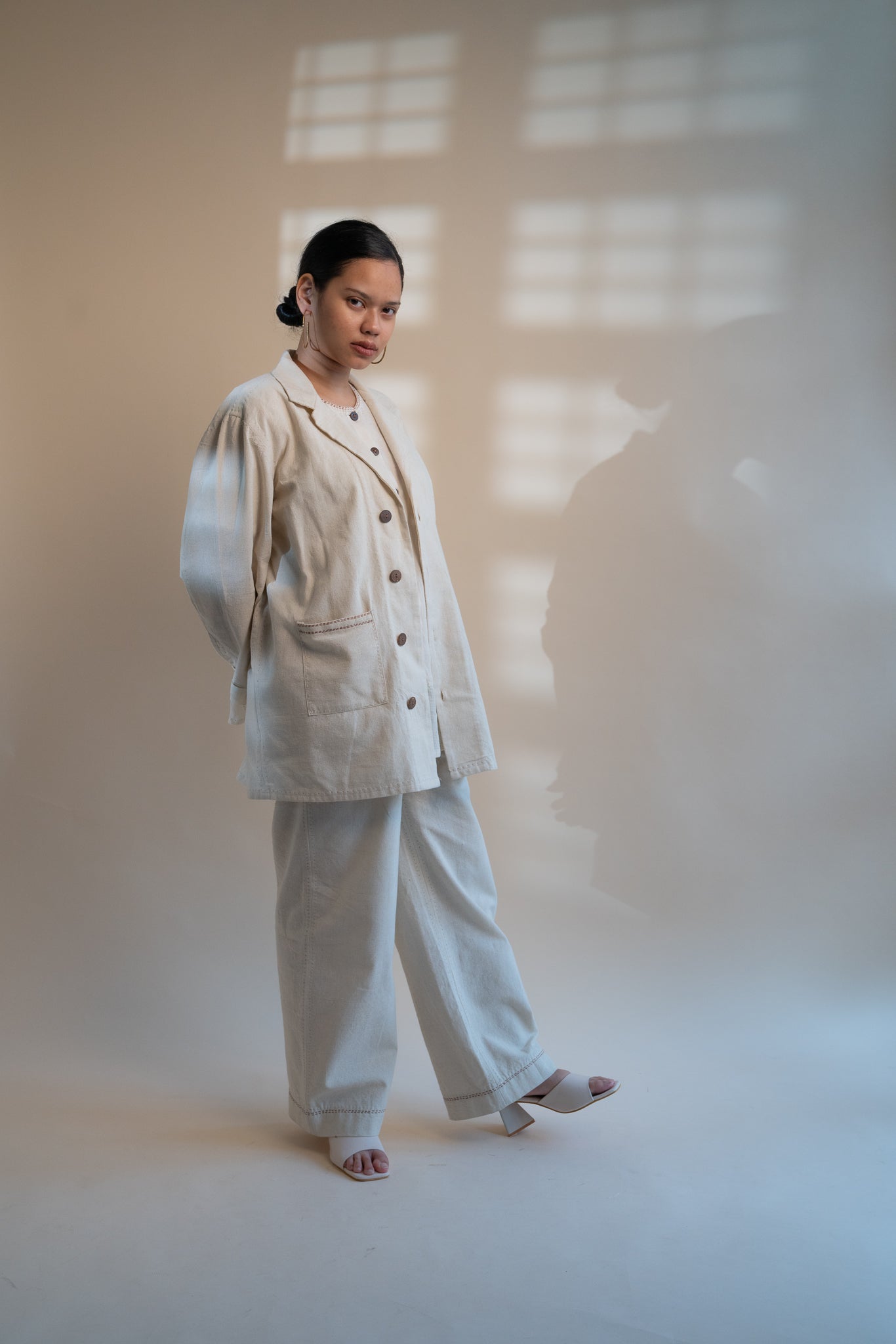 Dawning Unisex Pleated Blazer by Lafaani with Beige, Blazers, Casual Wear, Dawning by Lafaani, Denim, Embroidered, For Him, Hand Woven Cotton, Kora, Mens Overlay, Menswear, Natural, Regular Fit, Unisex at Kamakhyaa for sustainable fashion